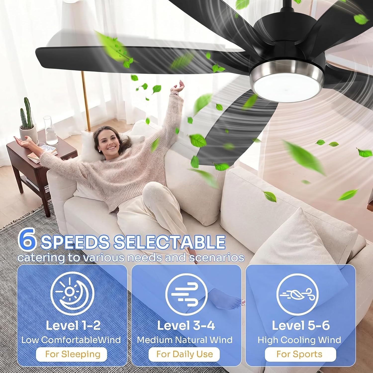 Tribesigns Ventilatore da soffitto moderno da 132 cm con luce, telecomando, illuminazione a LED dimmerabile,  ventilatore da soffitto intelligente a 5