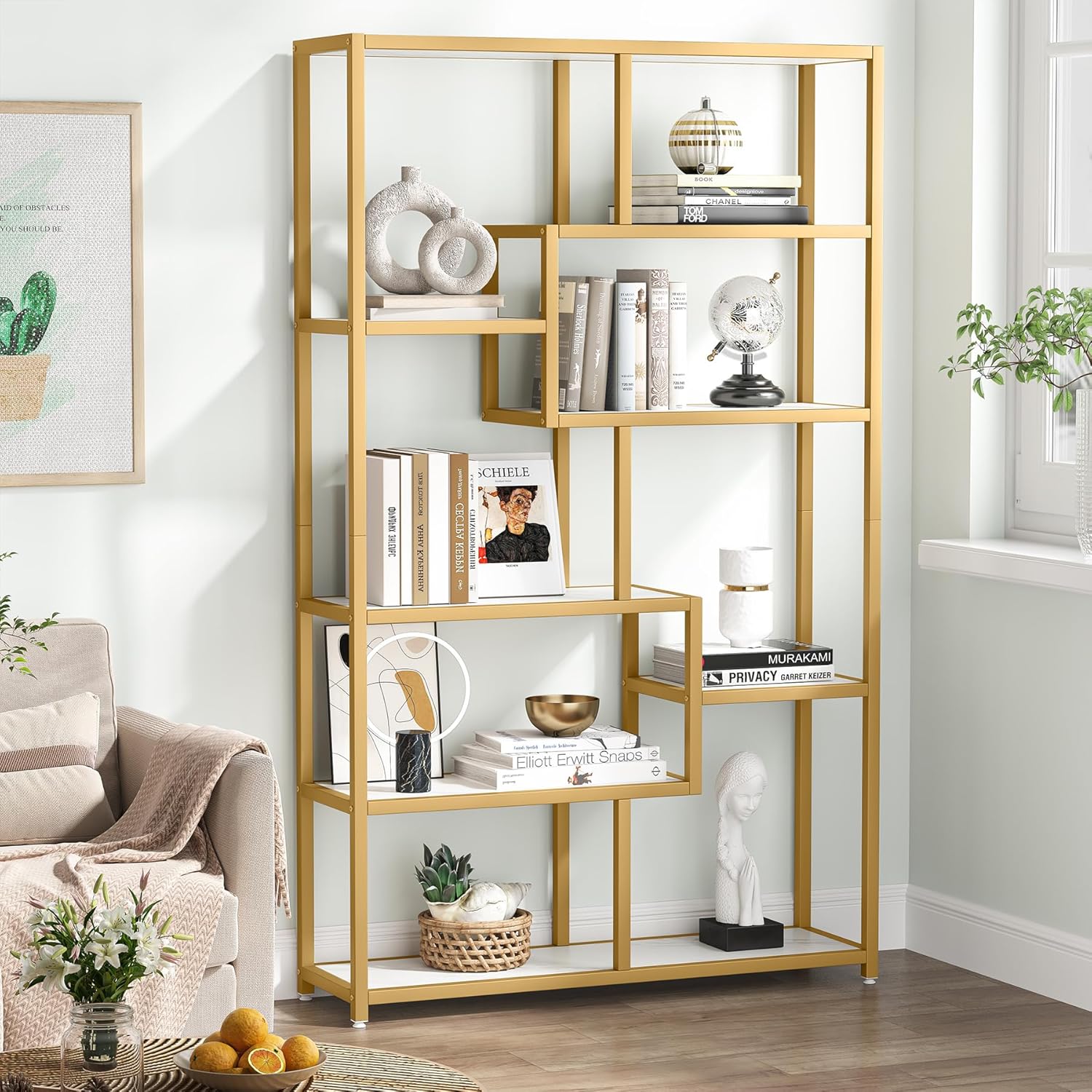 Tribesigns Libreria Scaffale Oro, Scaffale per libri da pavimento a 8 Ripiani Porta Piante