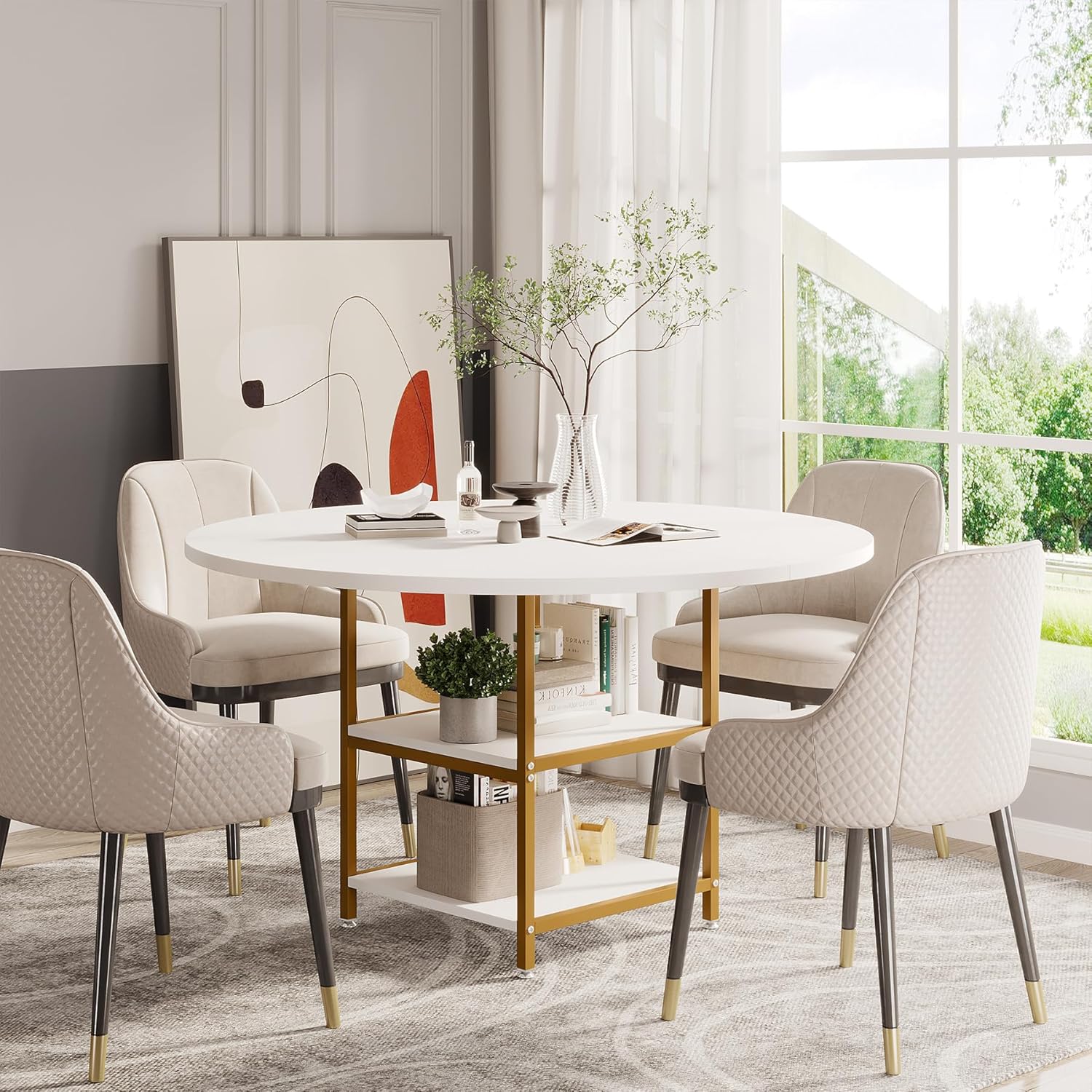 Tribesigns Tavolo da pranzo rotondo per 4 persone, Tavoli da pranzo circolari con ripiani portaoggetti e piano in legno