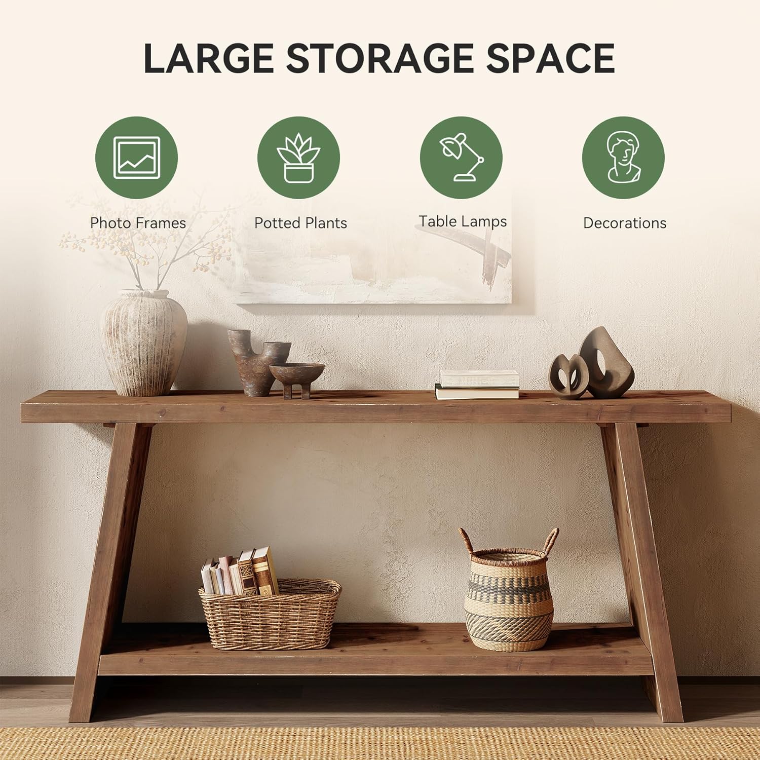 Tribesigns Tavolo consolle lungo 160 cm, tavolino da divano stretto in legno massiccio con 2 ripiani