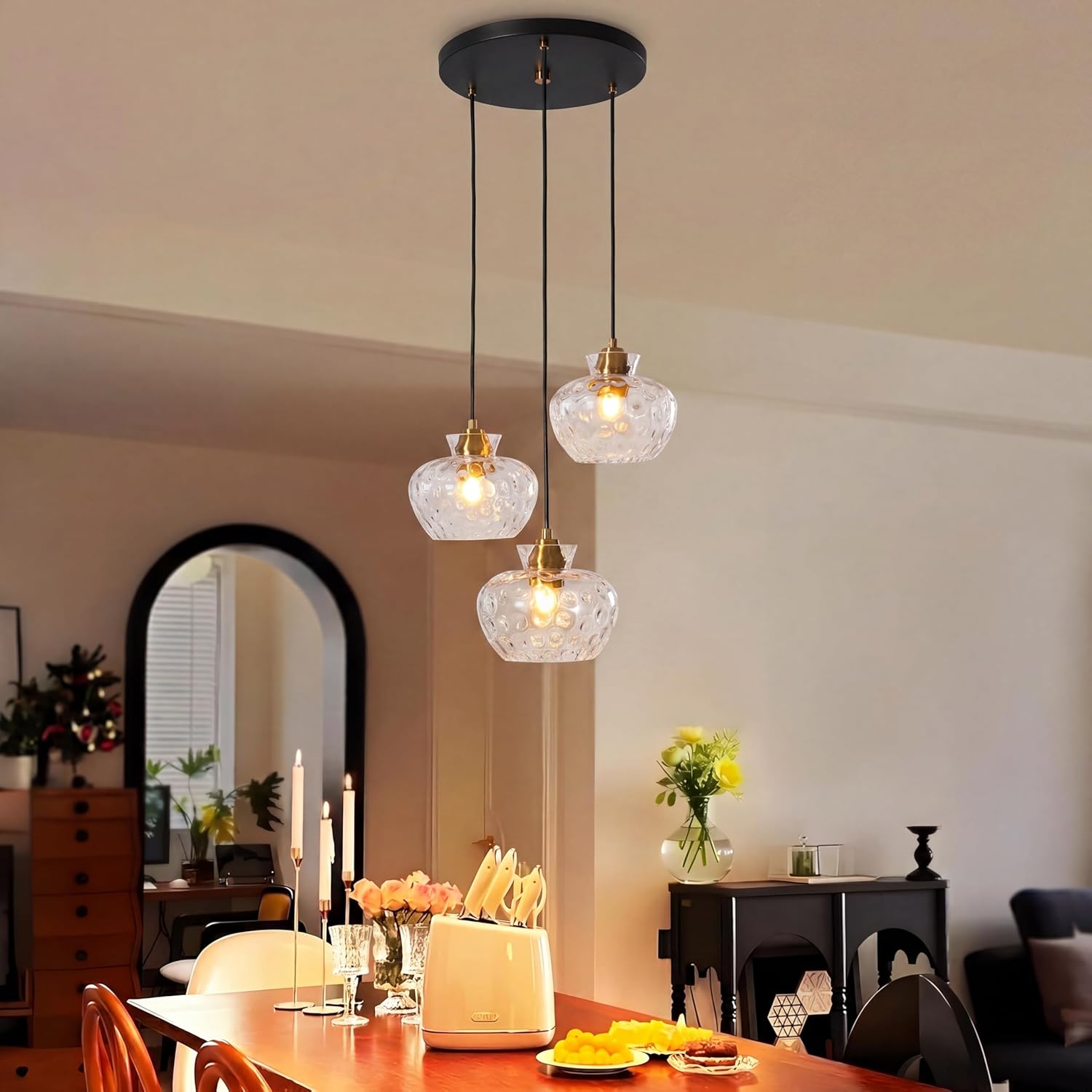 Tribesigns Lampada a Sospensione 3 Luci, Lampadario da Sala da Pranzo con Paralumi in Vetro Ondulato, Altezza Regolabile(Lampadine Non Incluse)