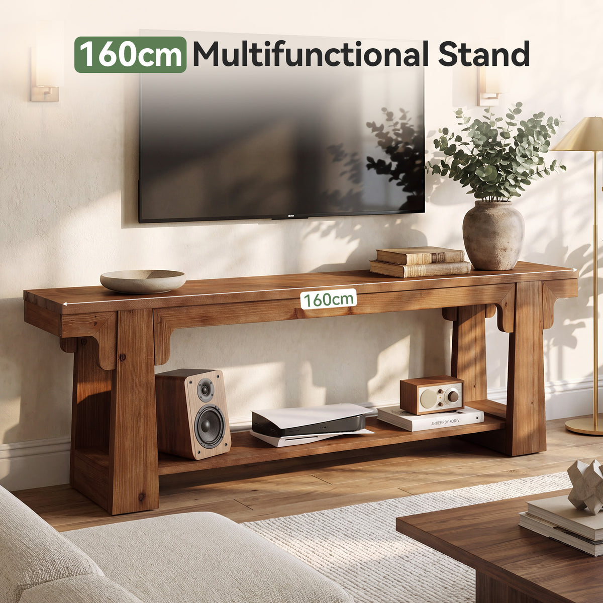 Mobile TV Country in Legno Massello con Gambe Curve ad A, 160 cm, per Soggiorno