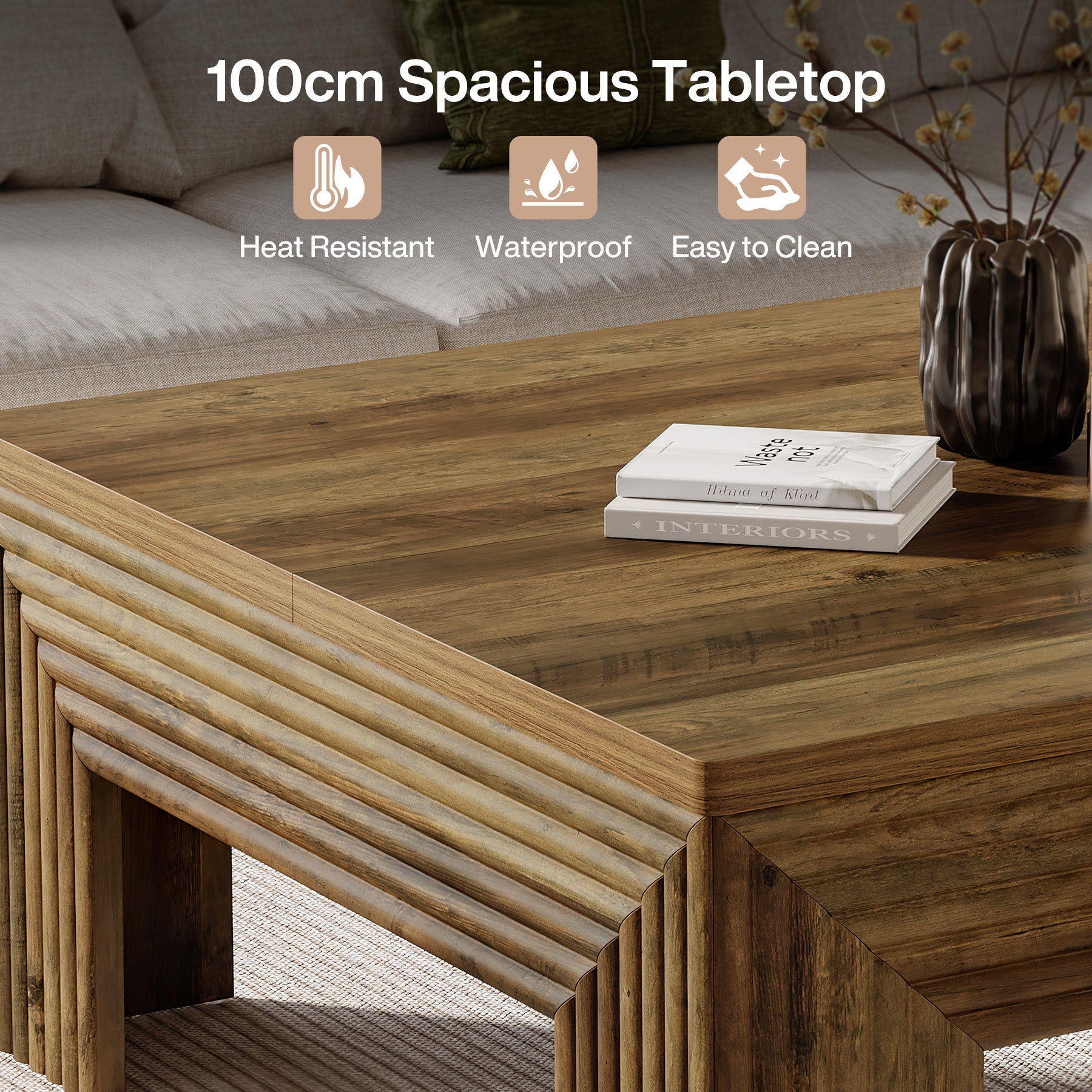 Tribesigns Tavolino da caffè quadrato da 100 cm, tavolino centrale con gambe scanalate