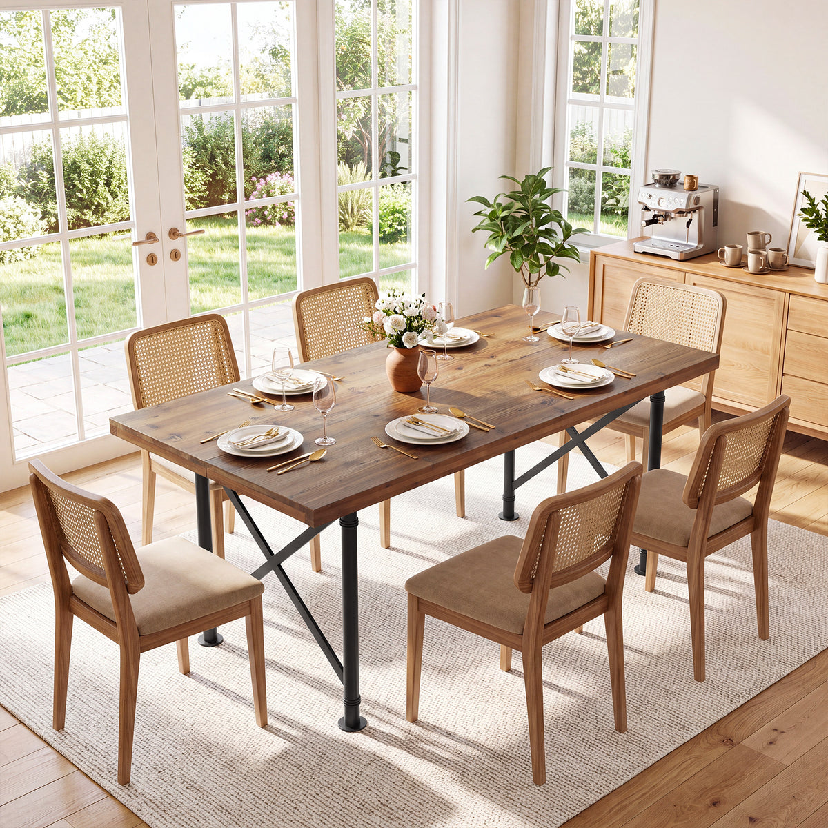 Tavolo da Pranzo Rustico in Legno Massello con Gambe in Metallo, 160 cm