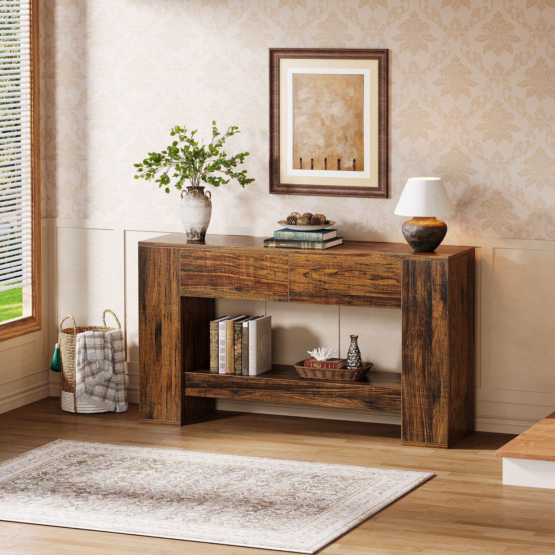 Tribesigns Tavolo consolle da 140 cm, tavolo da ingresso in legno a 2 livelli con cassetti