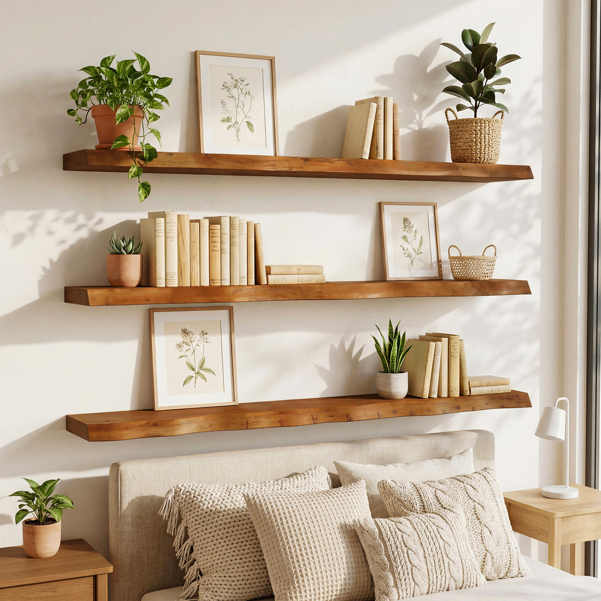 Set 3 Mensole Sospese in Legno Massello con Bordo Vivo, 120 cm, per Soggiorno e Ufficio