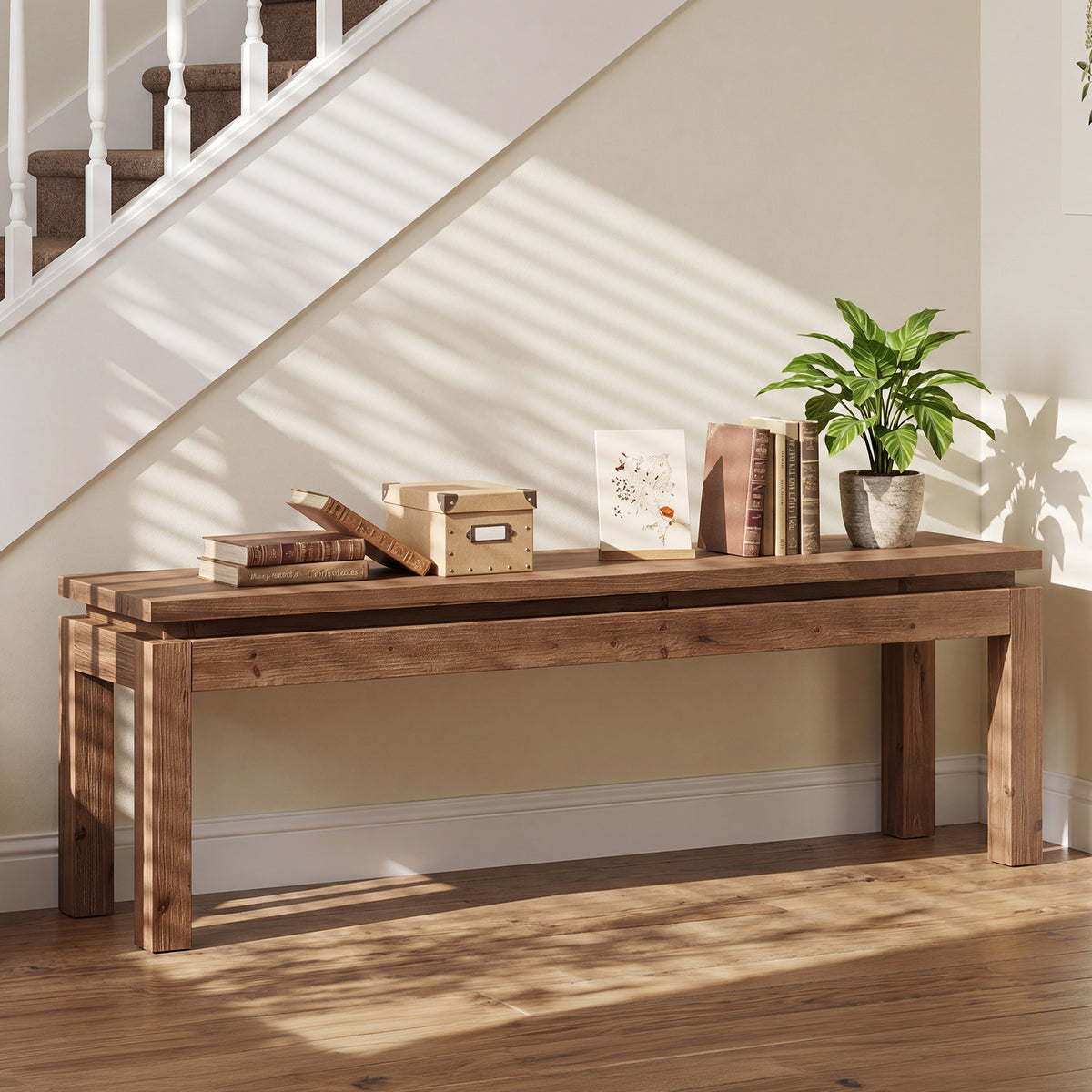Panca Country in Legno Massello con Gambe a Blocco, 150 cm, per Sala da Pranzo