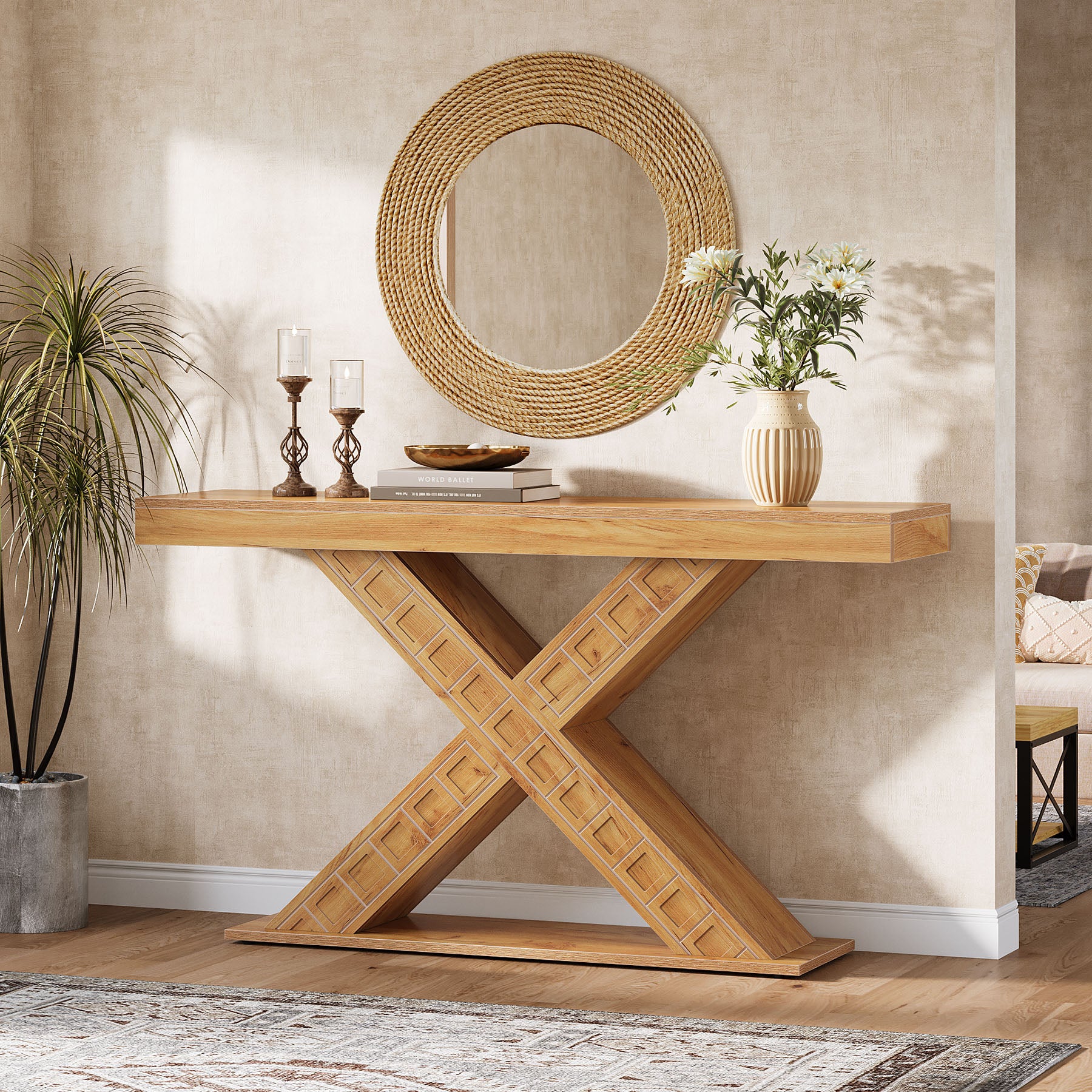 Tribesigns Tavolo consolle da 140 cm, tavolo da ingresso stretto in stile fattoria con base a X