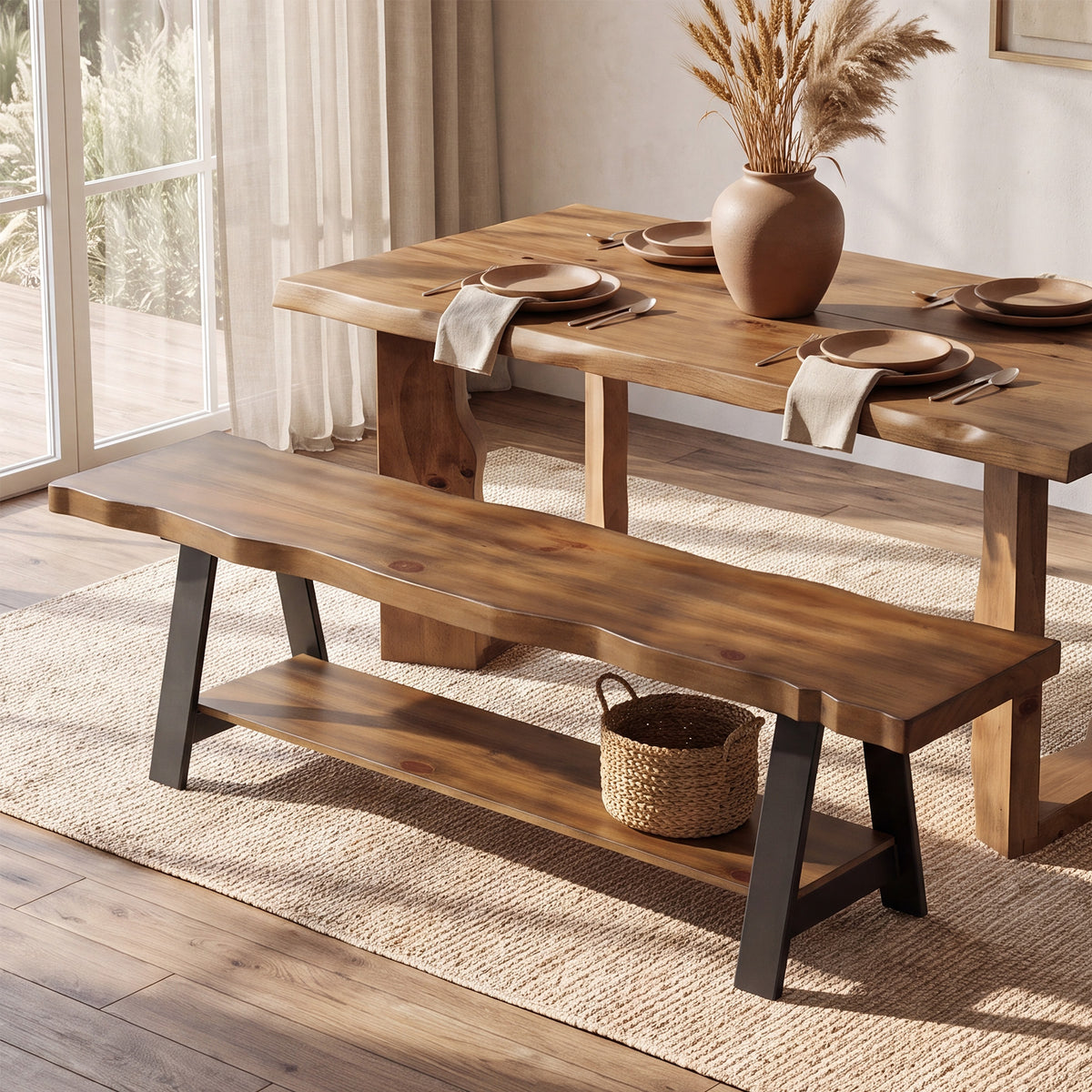 Panca da Pranzo in Legno Massello con Bordo Vivo e Struttura in Metallo, 140 cm