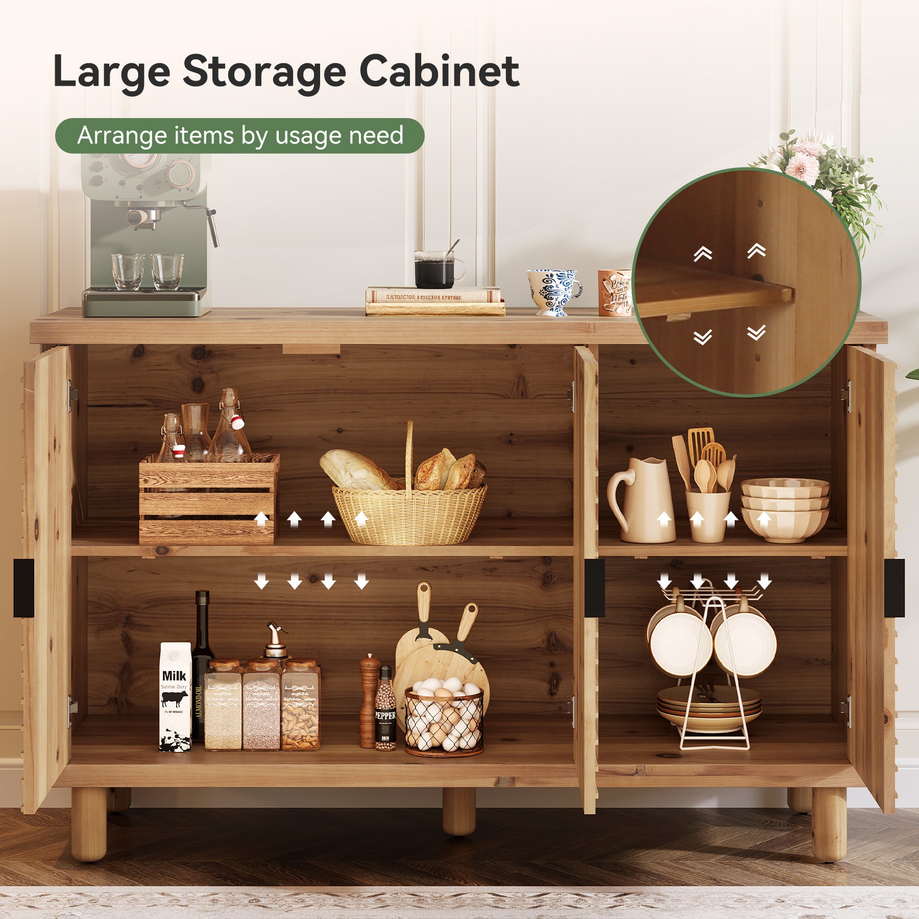 Tribesigns Credenza in legno massello con vano contenitore, Mobile in stile rustico con 3 ante e 2 ripiani regolabili