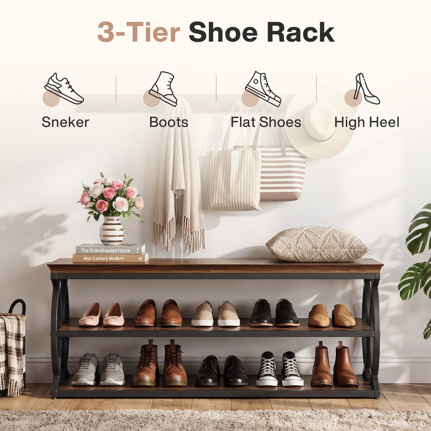 Tribesigns Panca porta scarpe da 120 cm con contenitore, scarpiera a 3 ripiani con seduta (stile industriale e rustico)