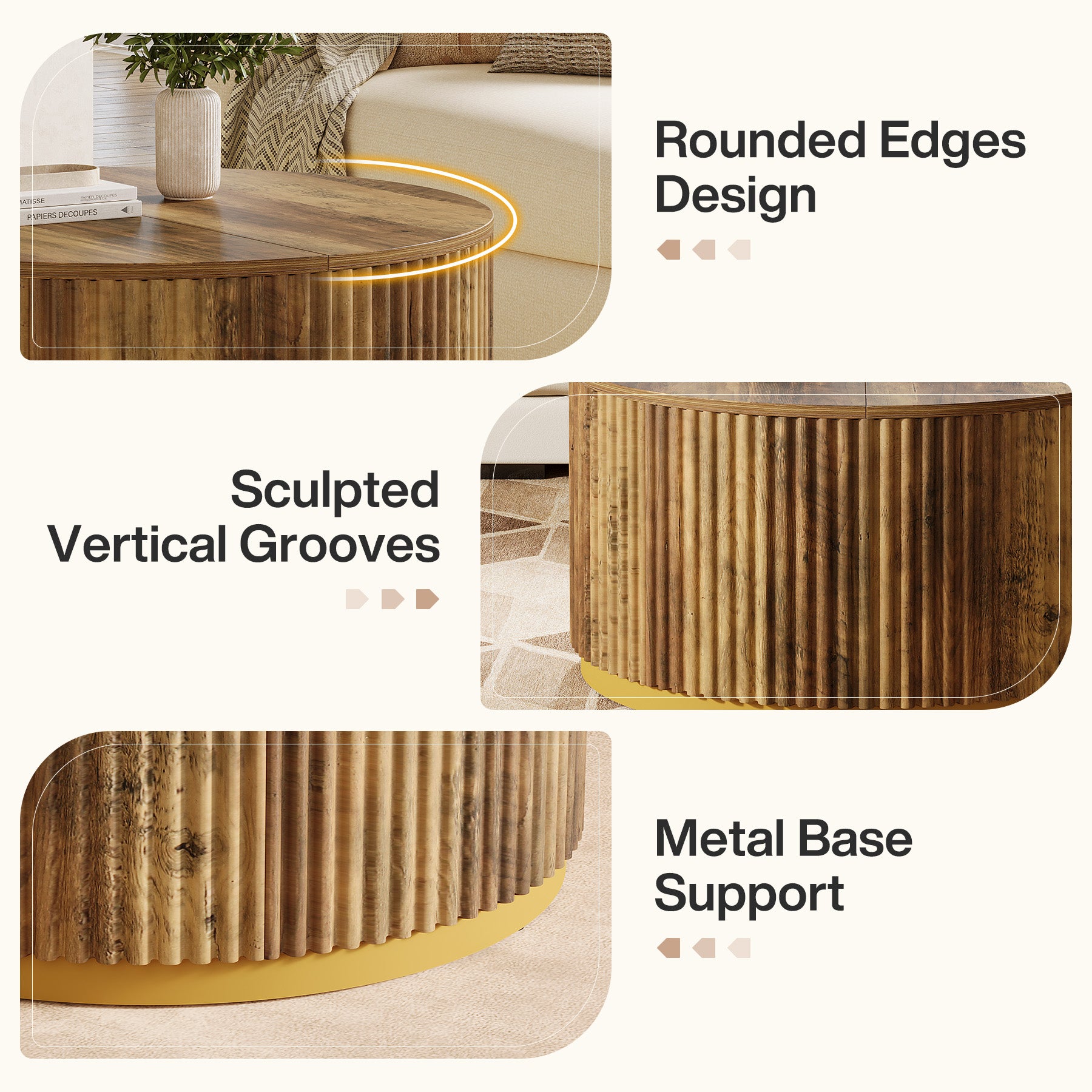 Tribesigns Tavolino rotondo da 80 cm, tavolino centrale in legno scanalato per soggiorno