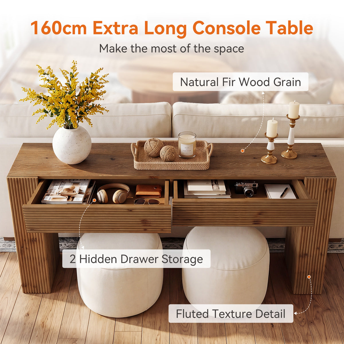 Consolle Country in Legno Massello con 2 Cassetti e Scanalature, 160 cm, per Ingresso