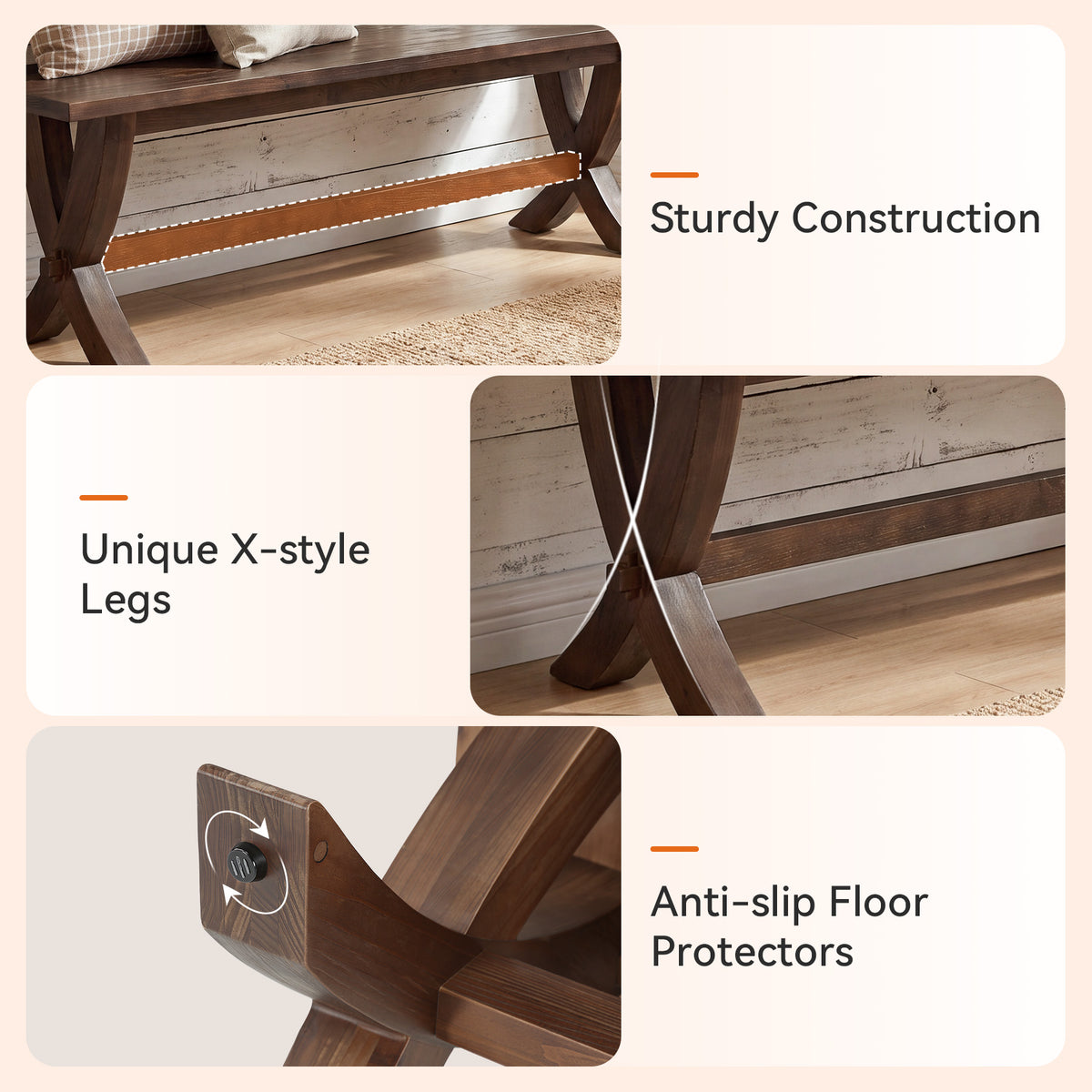 Panca Country in Legno Massello con Gambe a X, 150 cm, per Ingresso e Corridoio