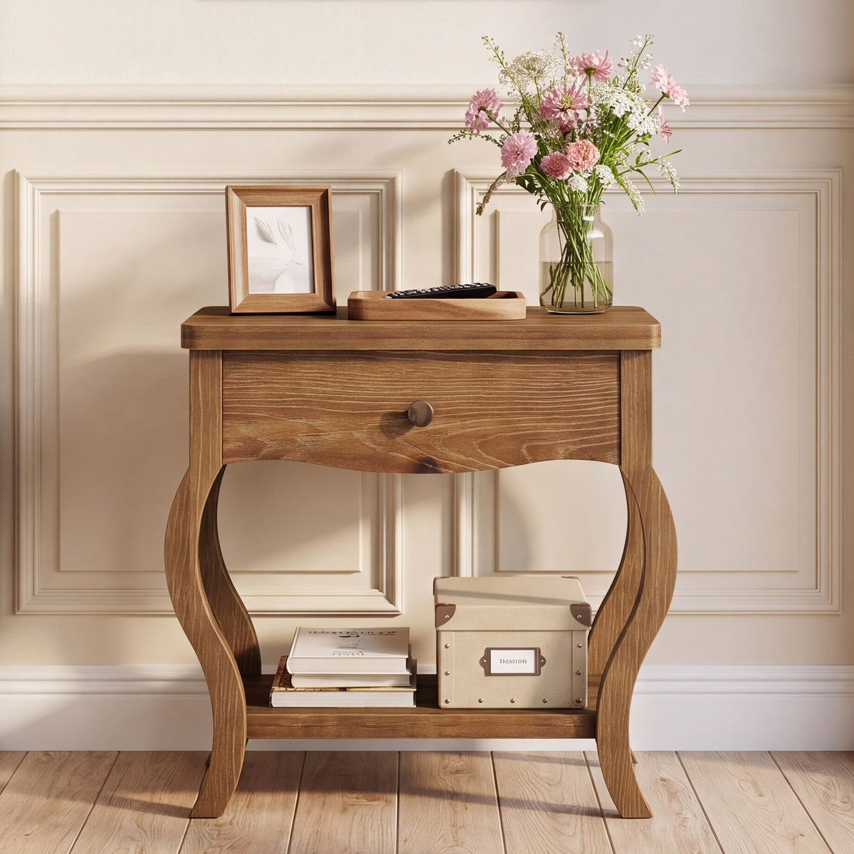 Comodino Rustico in Legno Massello con Cassetto e Ripiano, 60 cm