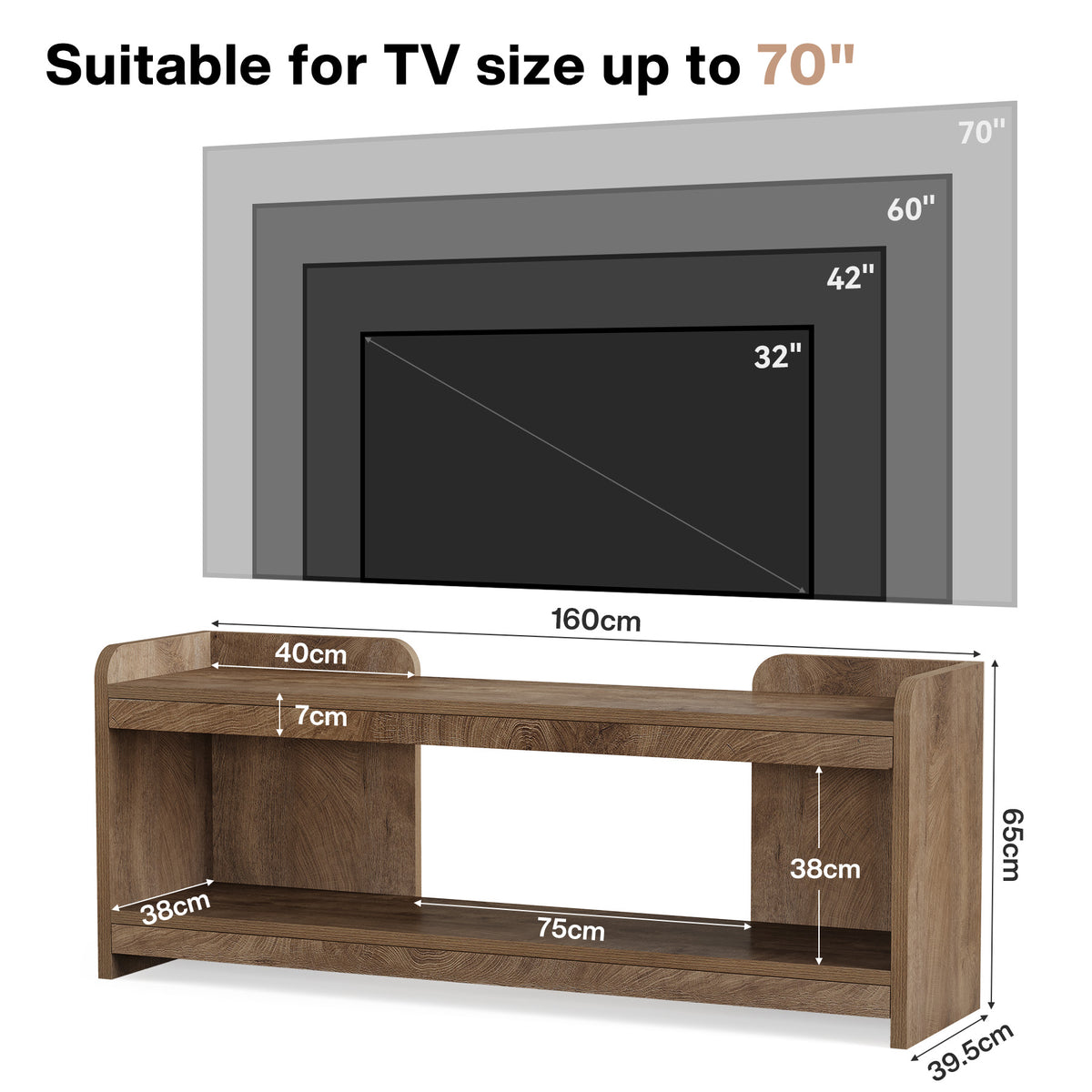 Mobile TV Basso a 2 Ripiani Aperti, 160 cm, per TV fino a 70"