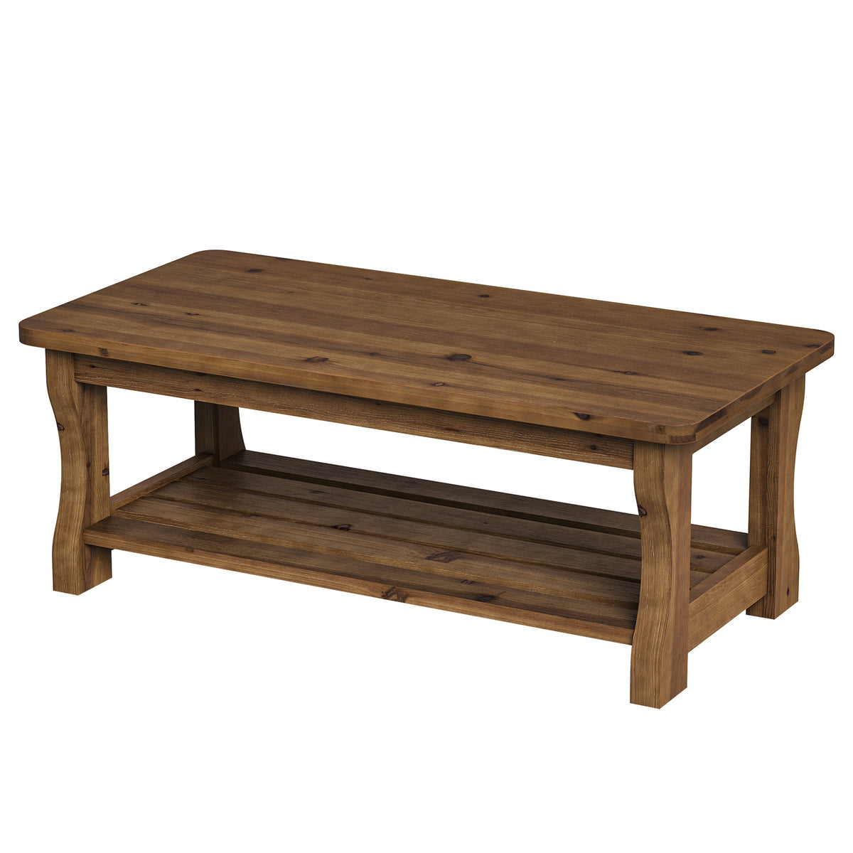 Tavolino da Salotto Country in Legno Massello a 2 Ripiani, 119 cm