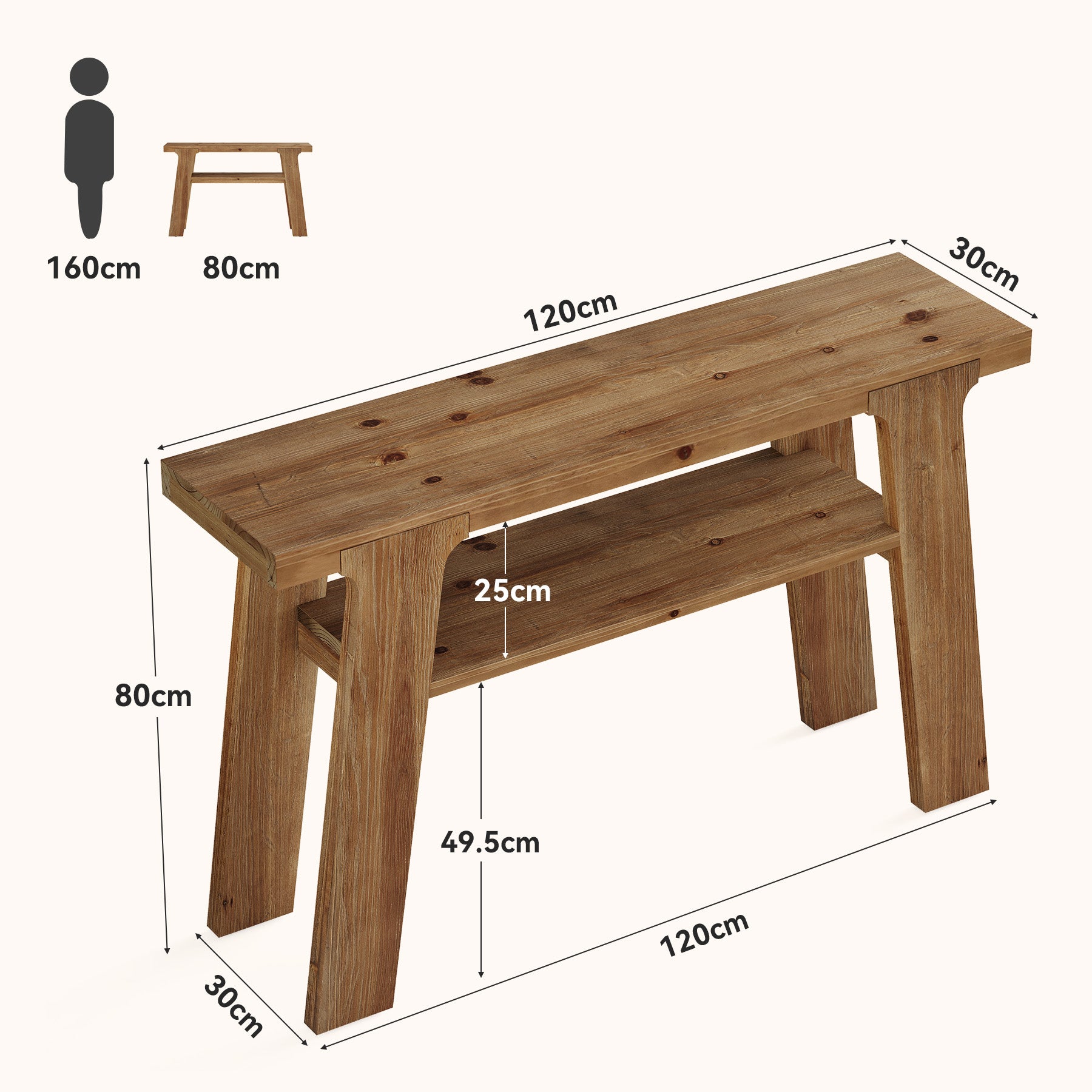 Tribesigns Consolle stretta da 120 cm, tavolino da divano in legno massello con 2 ripiani