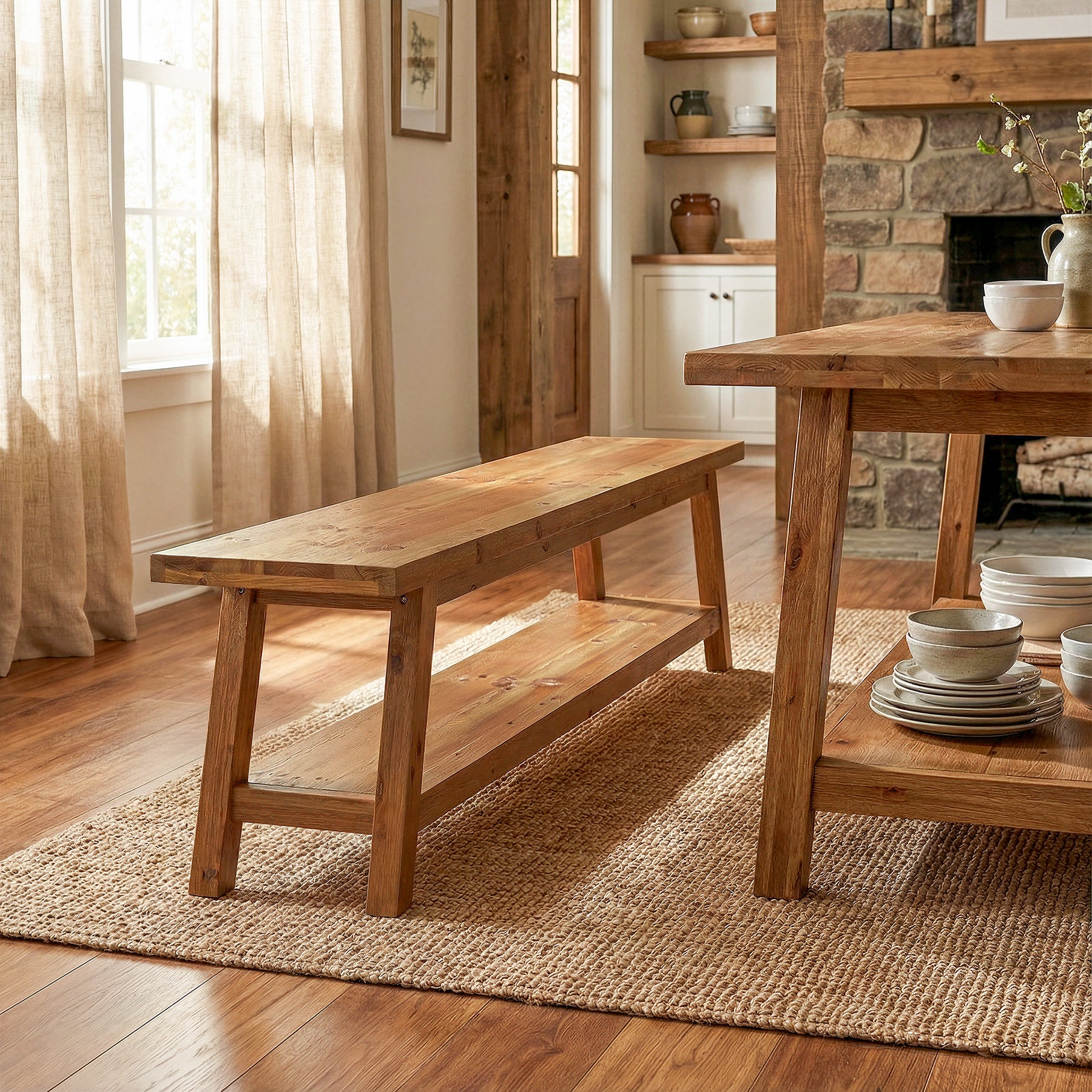 Panca da Pranzo Country in Legno Massello con Ripiano, 160 cm, per Cucina e Sala da Pranzo