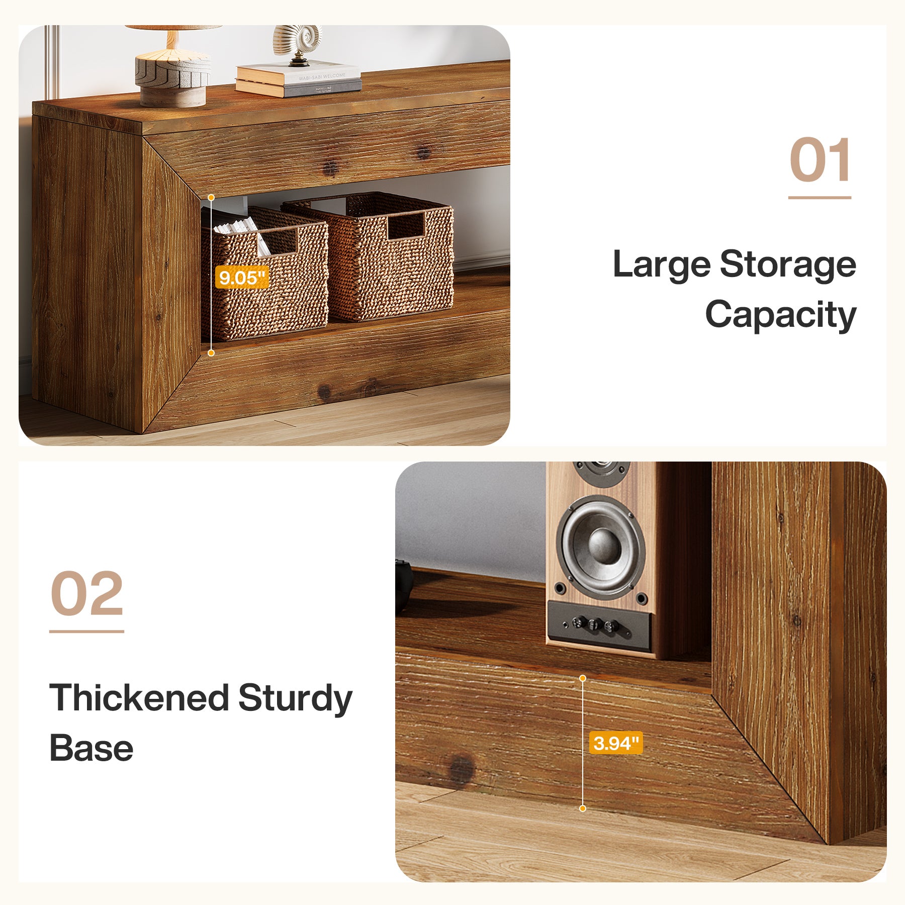 Tribesigns Mobile TV da 120 cm in legno massello con contenitore, mobile basso rustico per apparecchiature multimediali