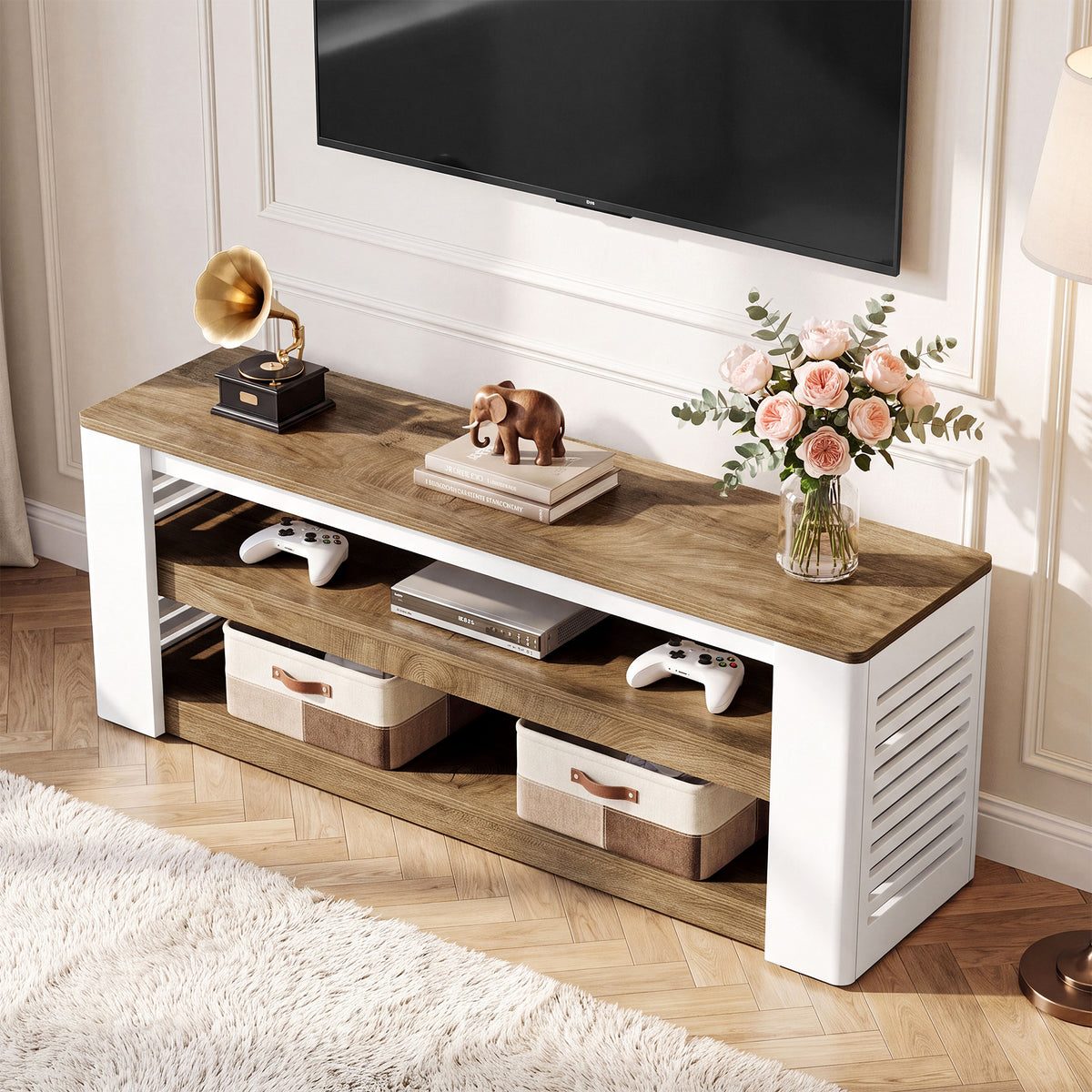 Mobile TV Moderno a 3 Ripiani con Fianchi a Lamelle, 160 cm, per TV fino a 70"