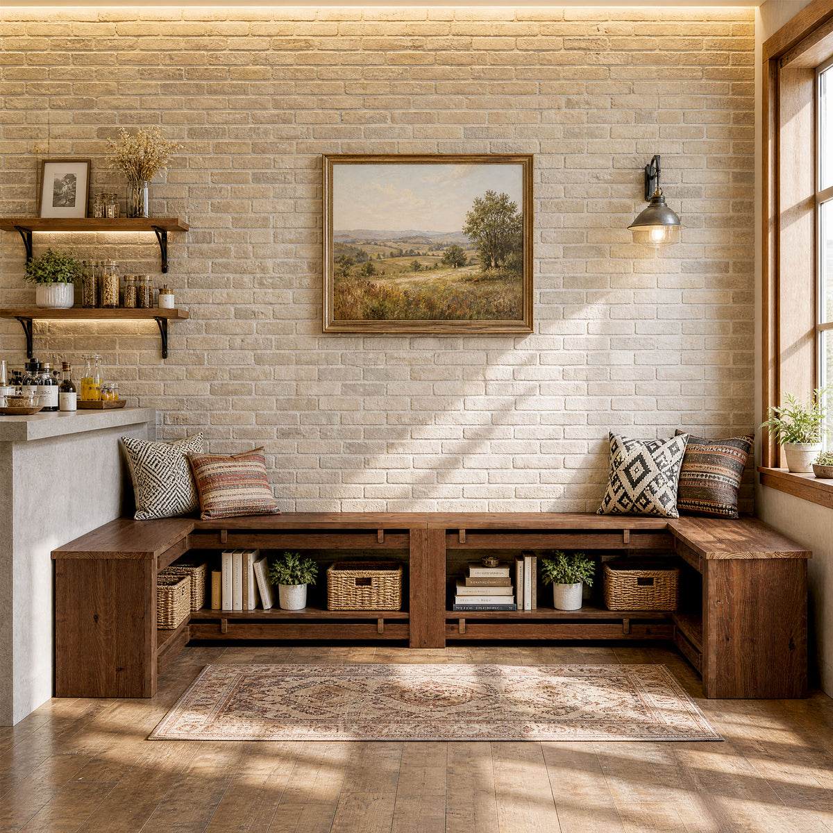 Panca Angolare a L Rustica in Legno Massello con Ripiano, 120 cm, per Cucina