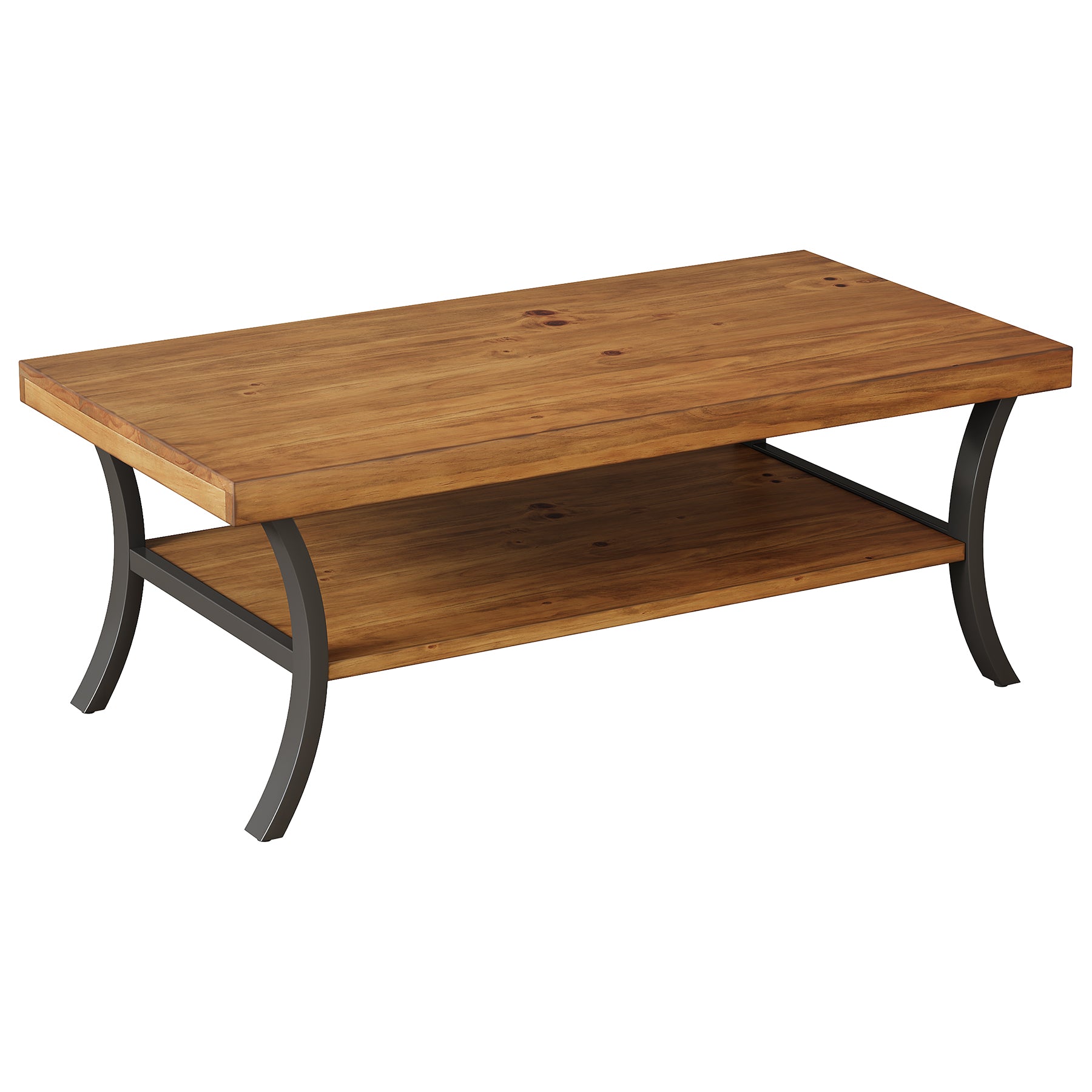 Tavolino da Salotto Rettangolare in Legno Massello a 2 Ripiani con Gambe Curve in Metallo, 120 cm