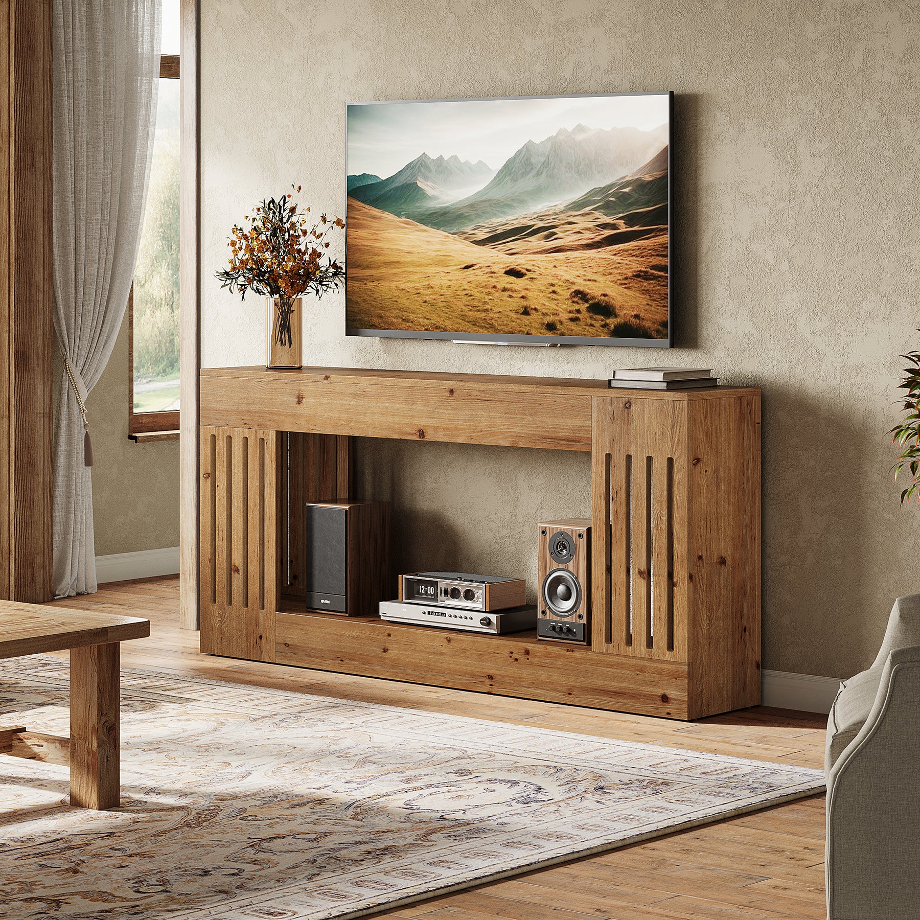 Tribesigns Tavolino da divano da 160 cm, consolle in legno massello con gambe a strisce