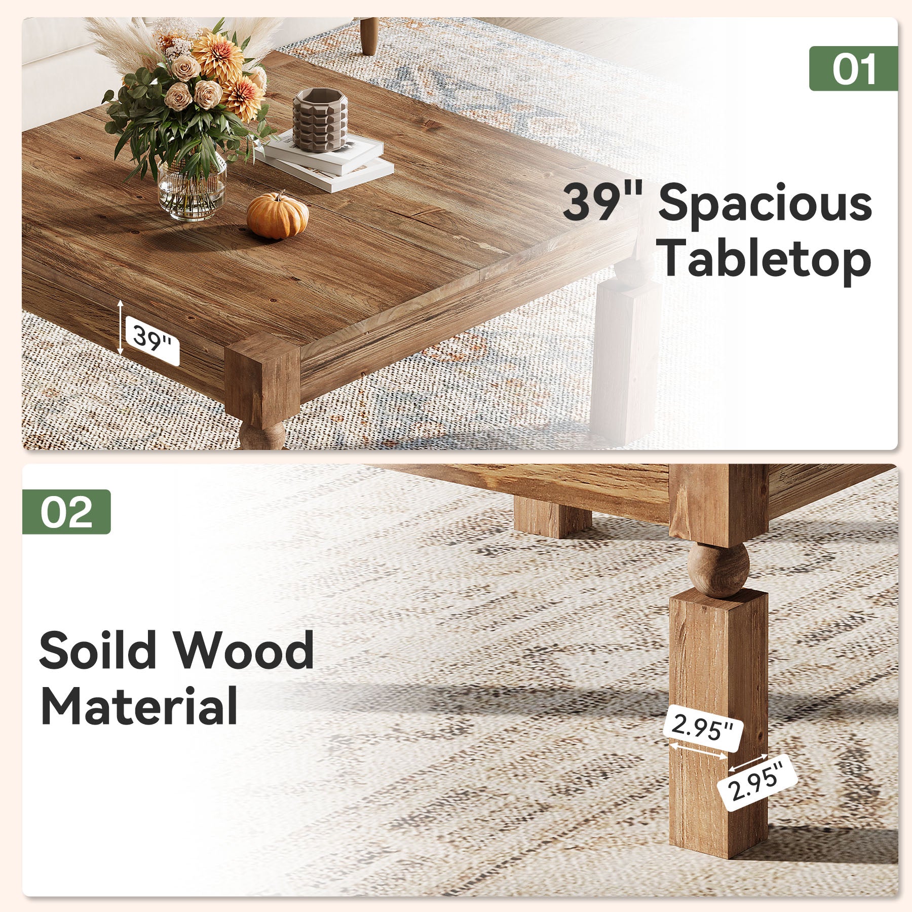 Tribesigns Tavolino da caffè quadrato da 100 cm, tavolino centrale in legno stile fattoria