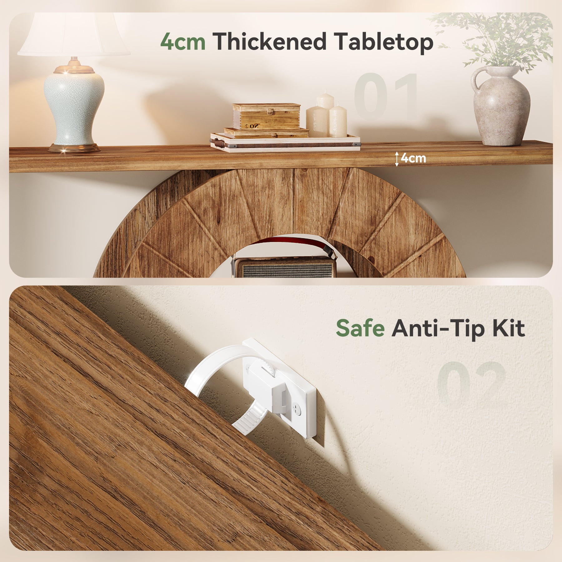 Tribesigns Consolle in legno massello da 105 cm, tavolino a 3 ripiani con base circolare intagliata