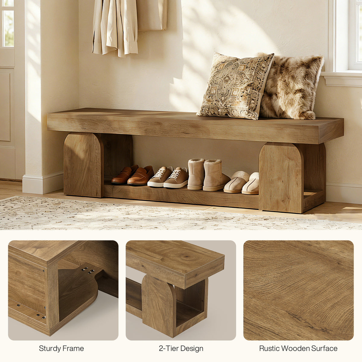 Panca Portascarpe Country con Ripiano, 160 cm, per Ingresso e Camera da Letto