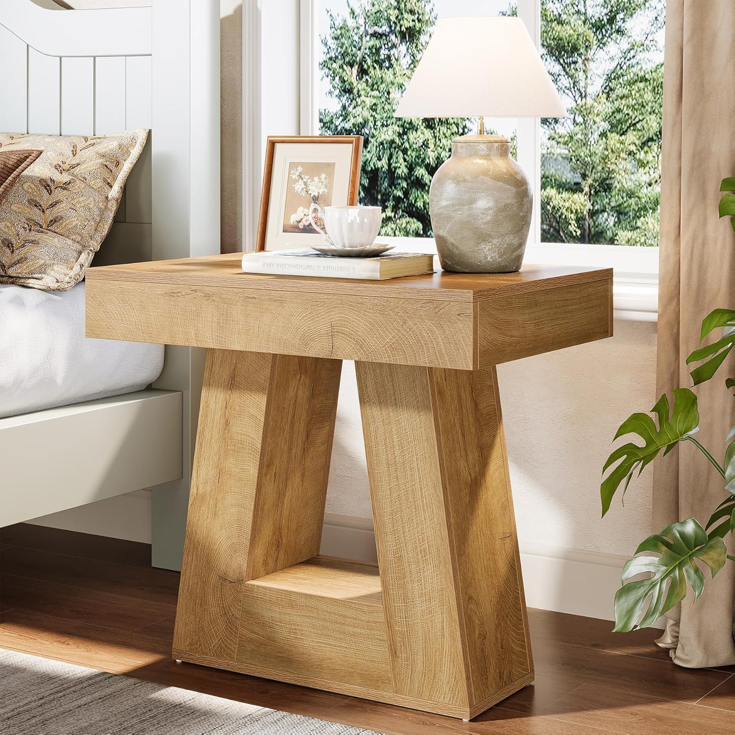 Tribesigns Comodino moderno, comodino con base trapezoidale a 2 ripiani