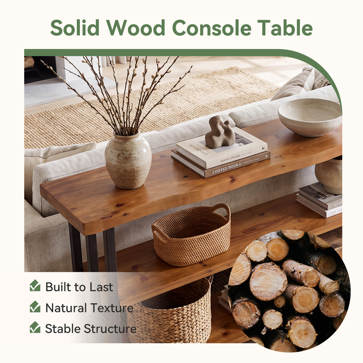 Consolle Rustica in Legno Massello con Bordo Vivo e 3 Ripiani, 160 cm, per Ingresso e Soggiorno