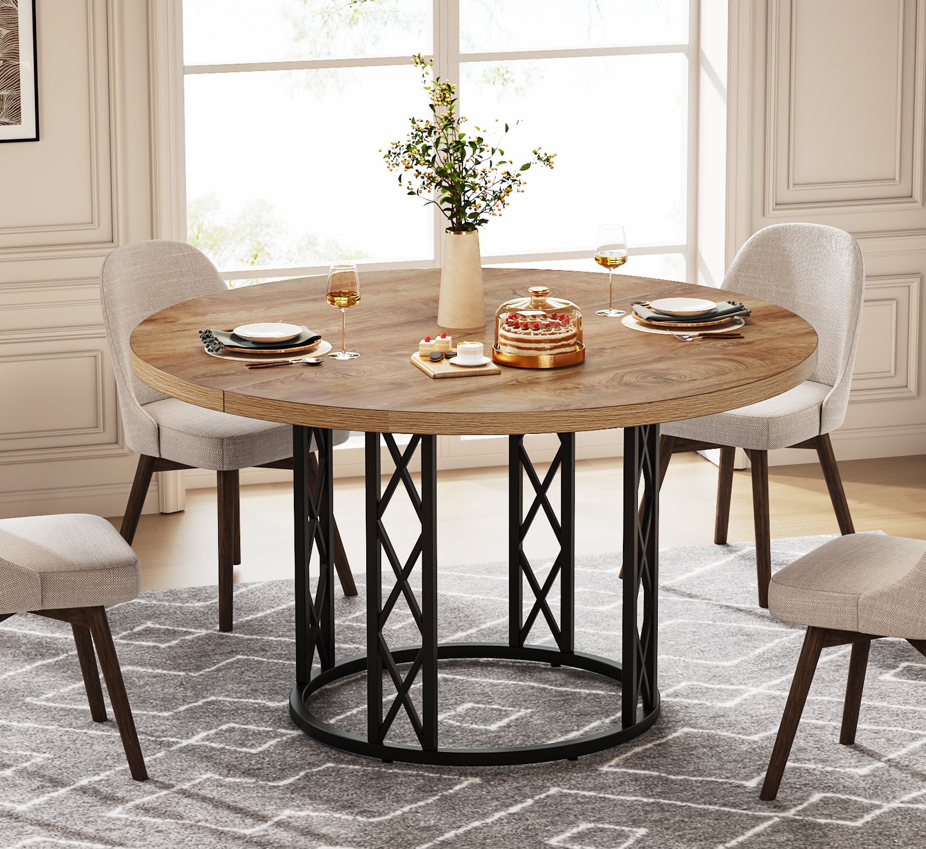 Tavolo da Pranzo Rotondo Moderno con Struttura in Metallo, Ø 120 cm, per 4-6 Persone