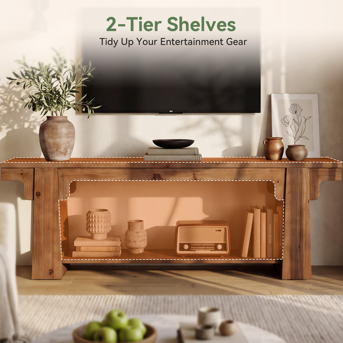 Mobile TV Country in Legno Massello con Gambe Curve ad A, 160 cm, per Soggiorno