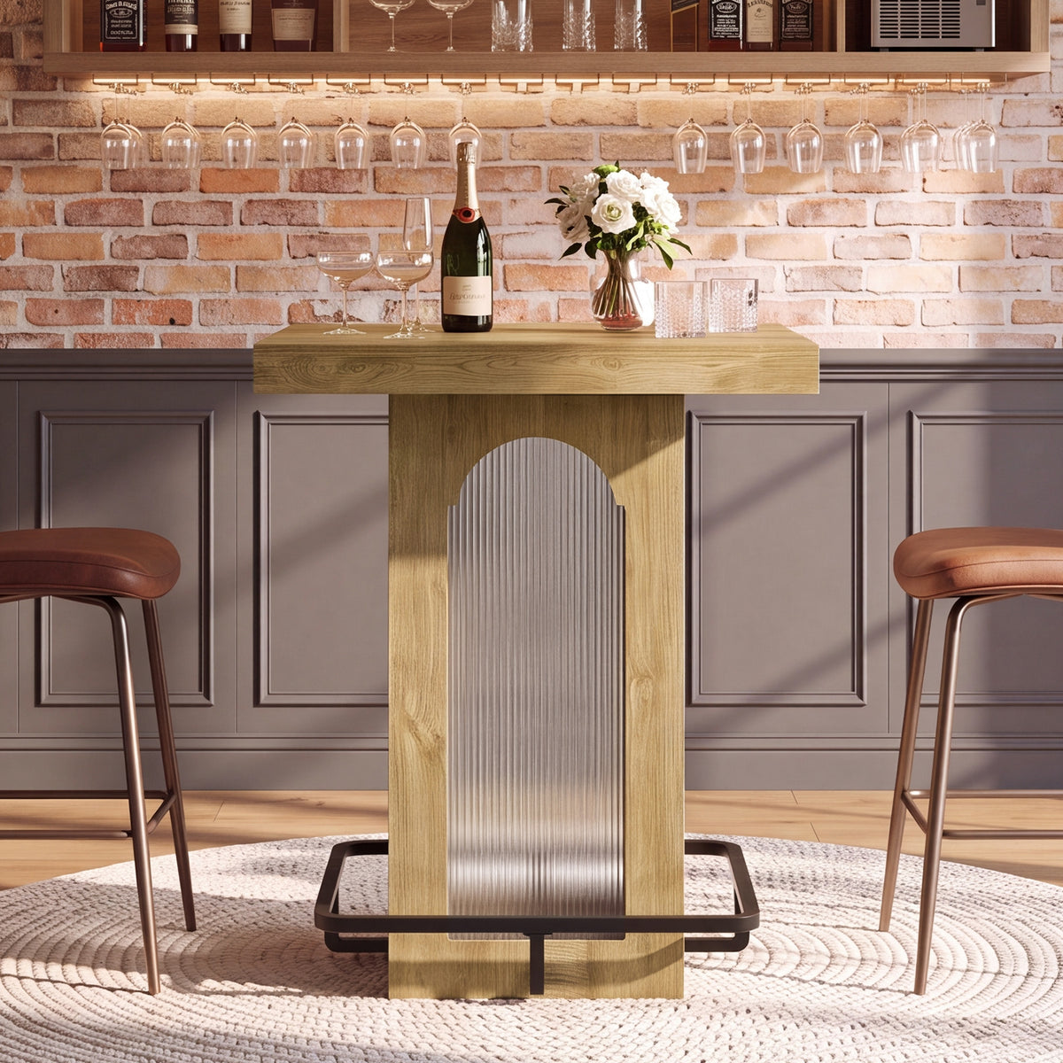 Tavolo da Bar Quadrato Industriale con Luci e Poggiapiedi, 80 cm, per Cucina