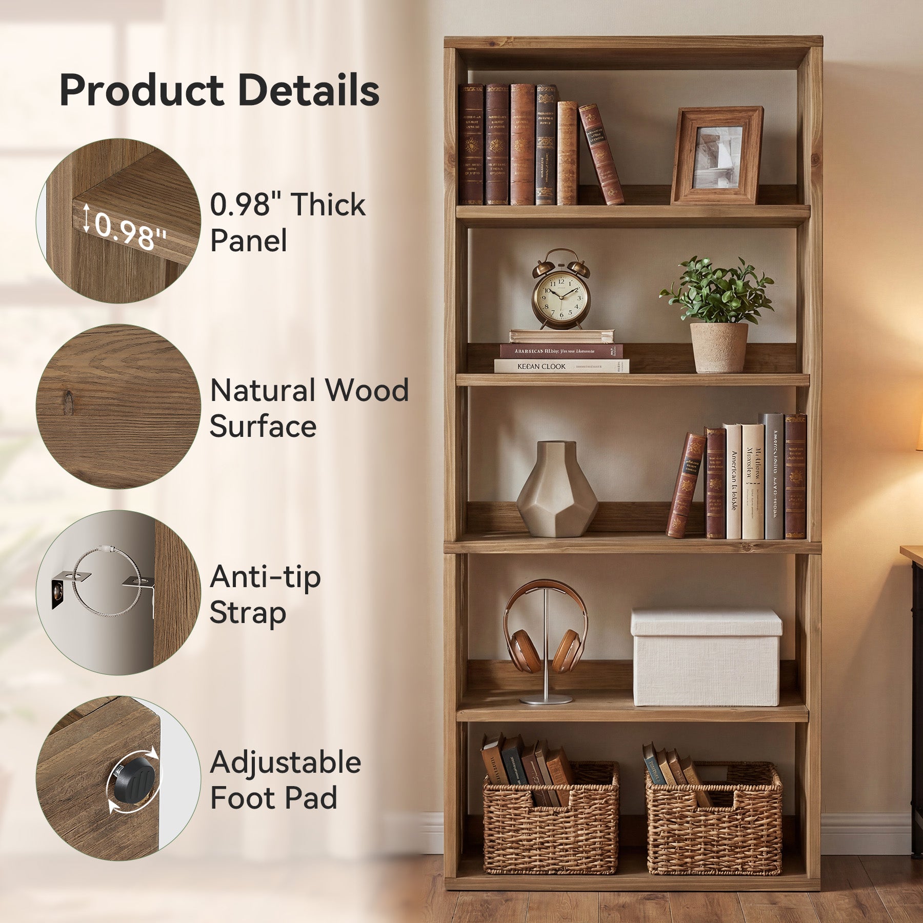 Libreria in Legno Massello a 5 Ripiani con Vani Aperti, 180 cm, Stile Country, per Soggiorno e Studio