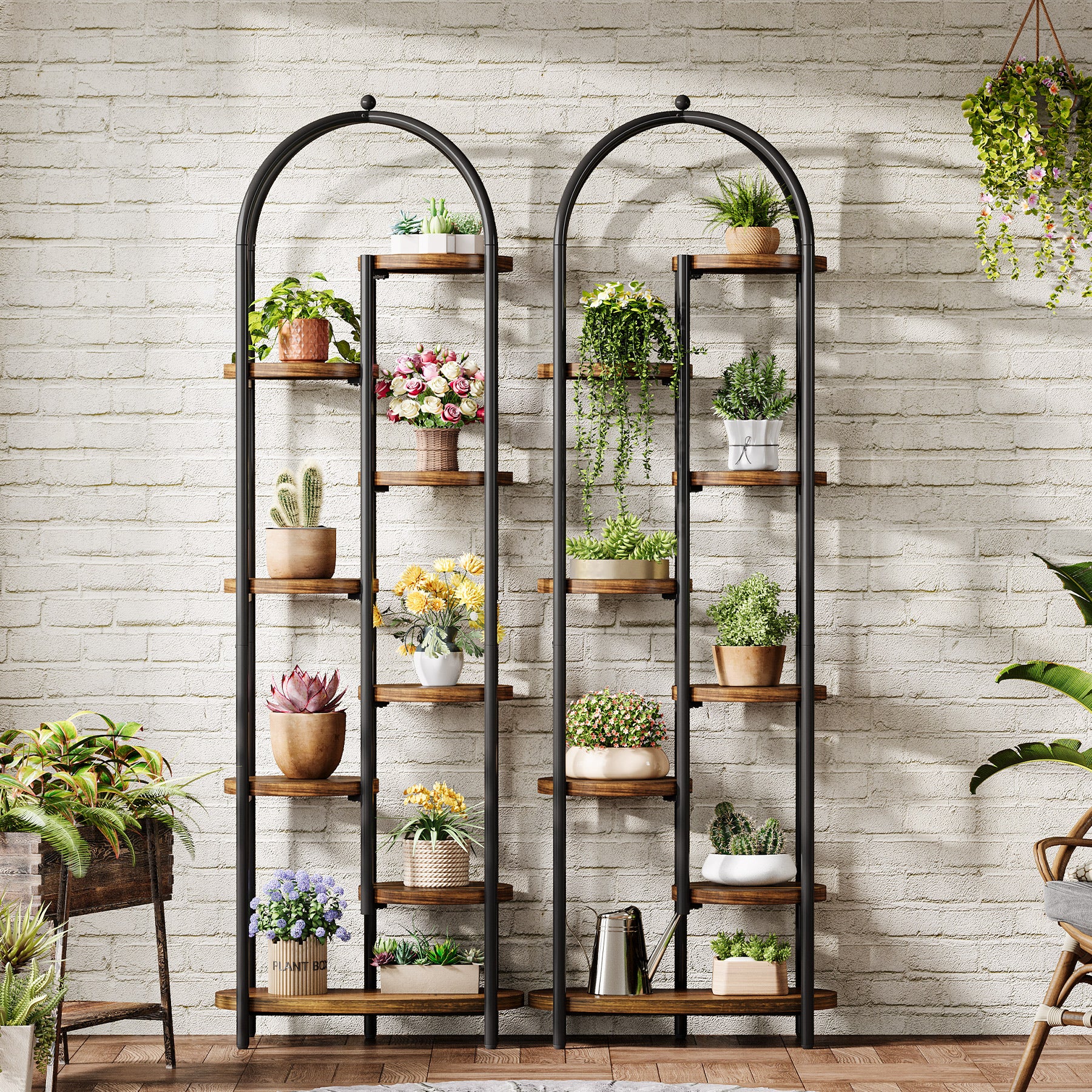 Scaffale Portapiante ad Angolo con Struttura Metallica, 8 Ripiani per 10 Piante, H 180 cm