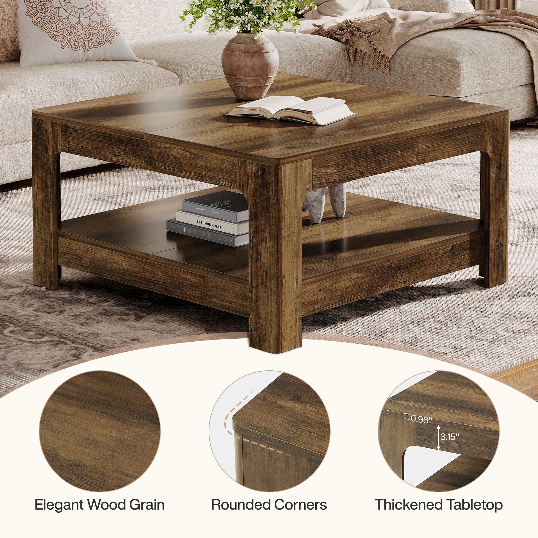 Tavolino da Salotto Country Quadrato con Ripiano, 100 x 100 cm, per Soggiorno