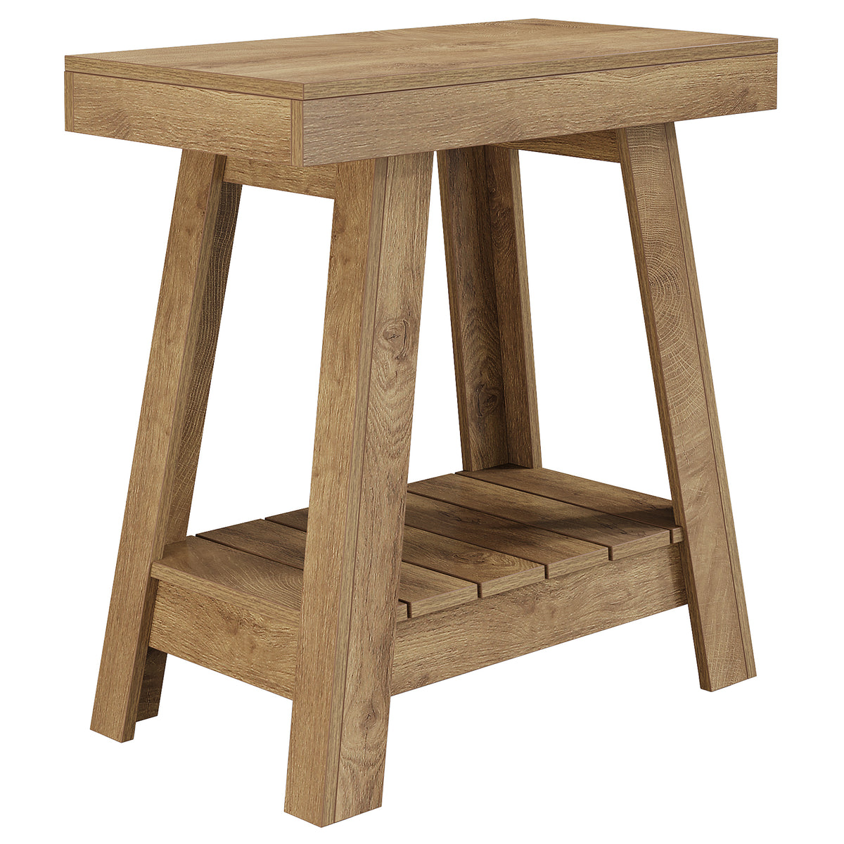 Tavolino Laterale Country a 2 Ripiani con Base Trapezoidale, 60 cm, per Soggiorno
