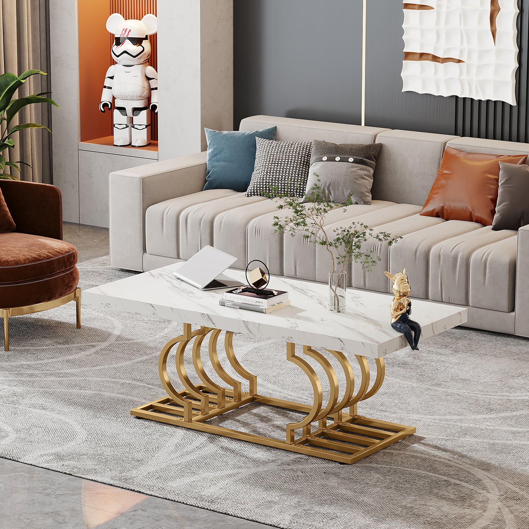Tribesigns Tavolino moderno, tavolino da cocktail in finto marmo con cornice geometrica