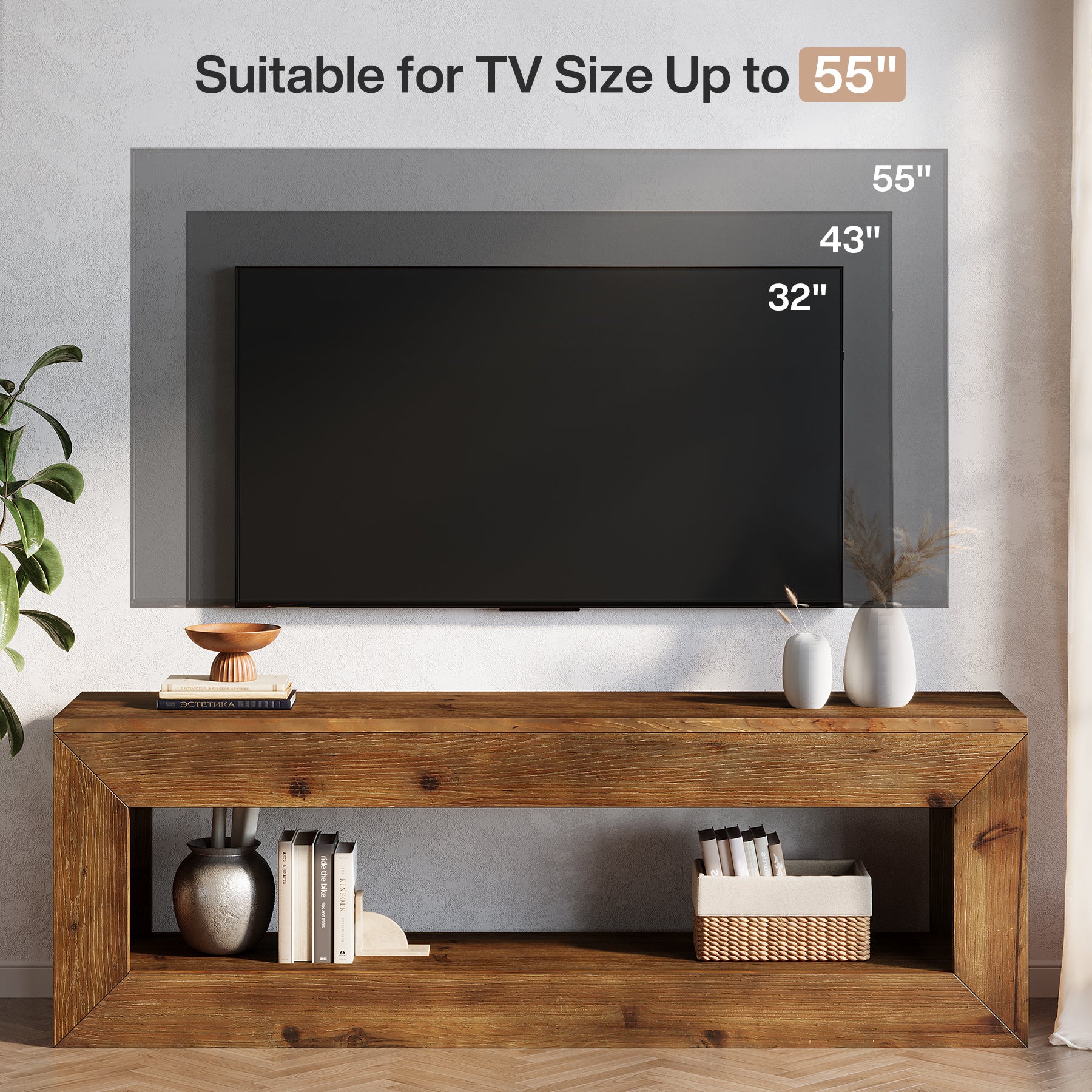 Tribesigns Mobile TV da 120 cm in legno massello con contenitore, mobile basso rustico per apparecchiature multimediali