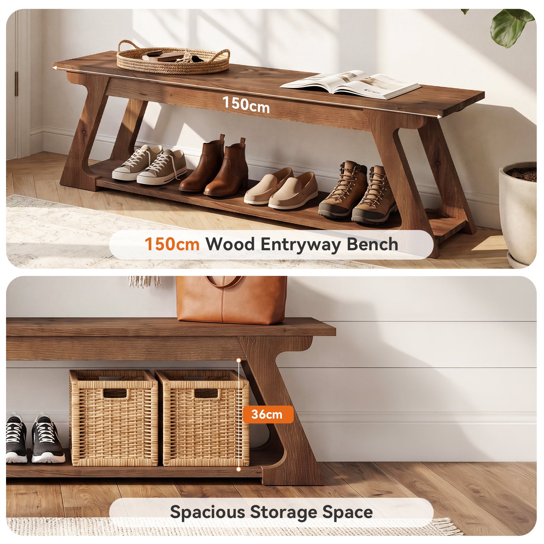 Panca da Ingresso Country in Legno Massello con Vano Contenitore, 150 cm, per Ingresso