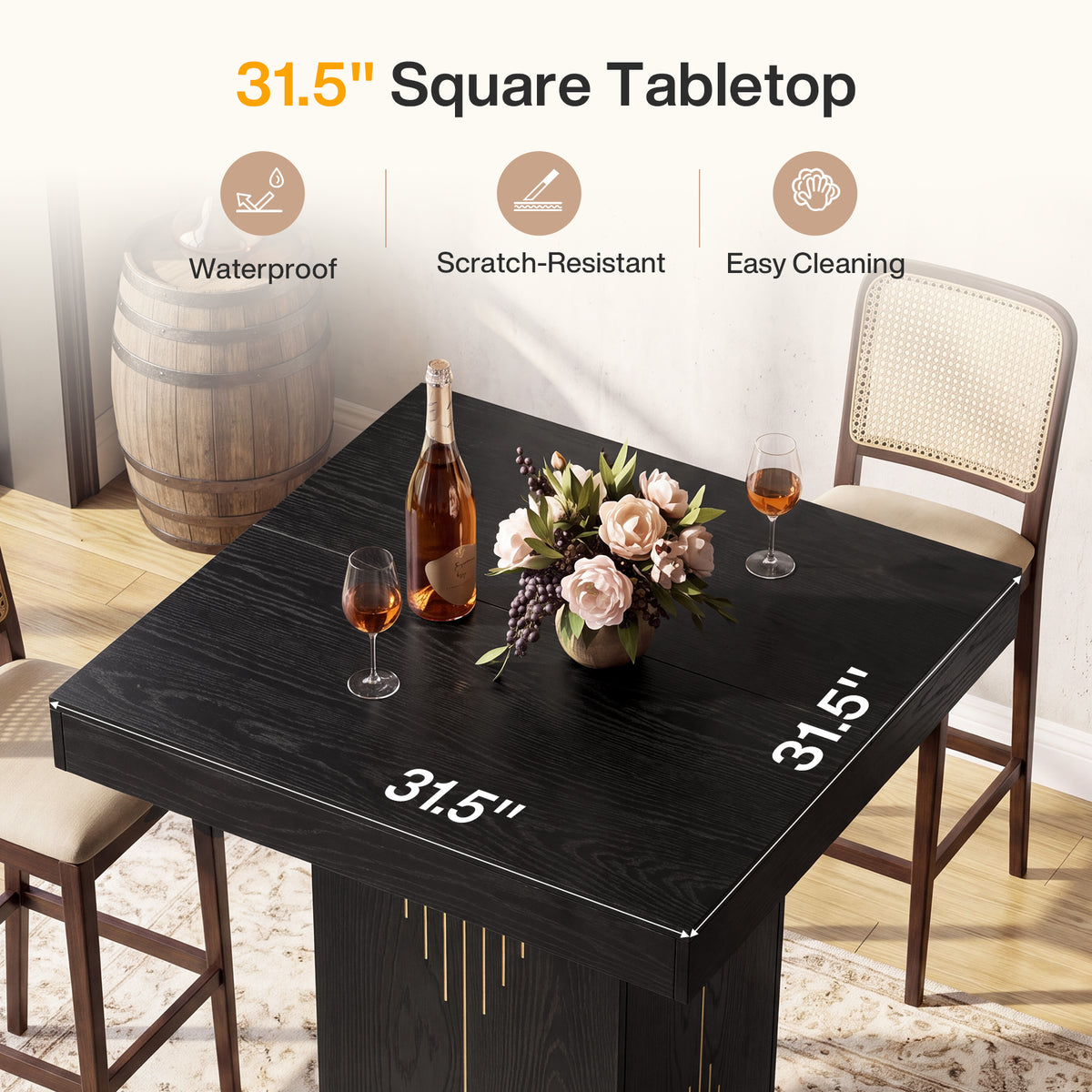 Tavolo Alto da Bar Quadrato con Base a Colonna, 80 x 80 cm, per Cucina e Soggiorno