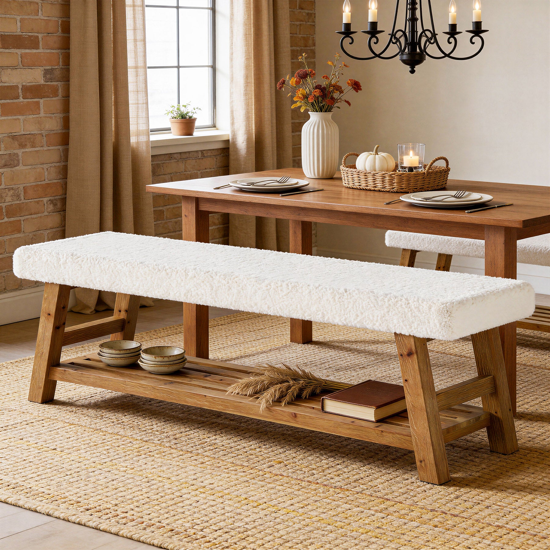 Tribesigns Panca Imbottita Portascarpe 140 cm, Panca Ingresso in Legno Massello a 2 Livelli con Ripiano