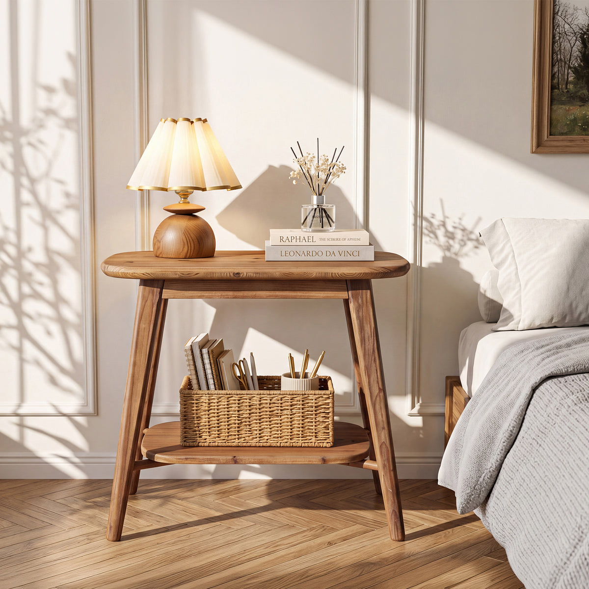 Tavolino Laterale Country in Legno Massello a 2 Ripiani con Angoli Arrotondati, 50 cm