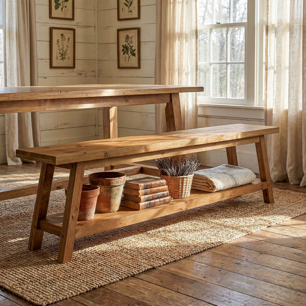 Panca da Pranzo Country in Legno Massello con Ripiano, 160 cm, per Cucina e Sala da Pranzo
