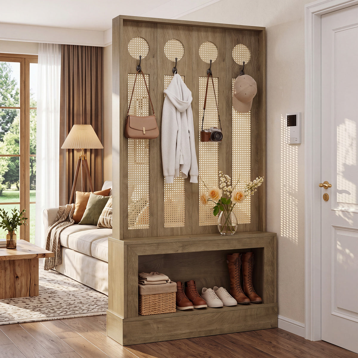 Divisorio in Rattan con Luce LED, Ripiani e 4 Ganci, 177 cm, per Soggiorno