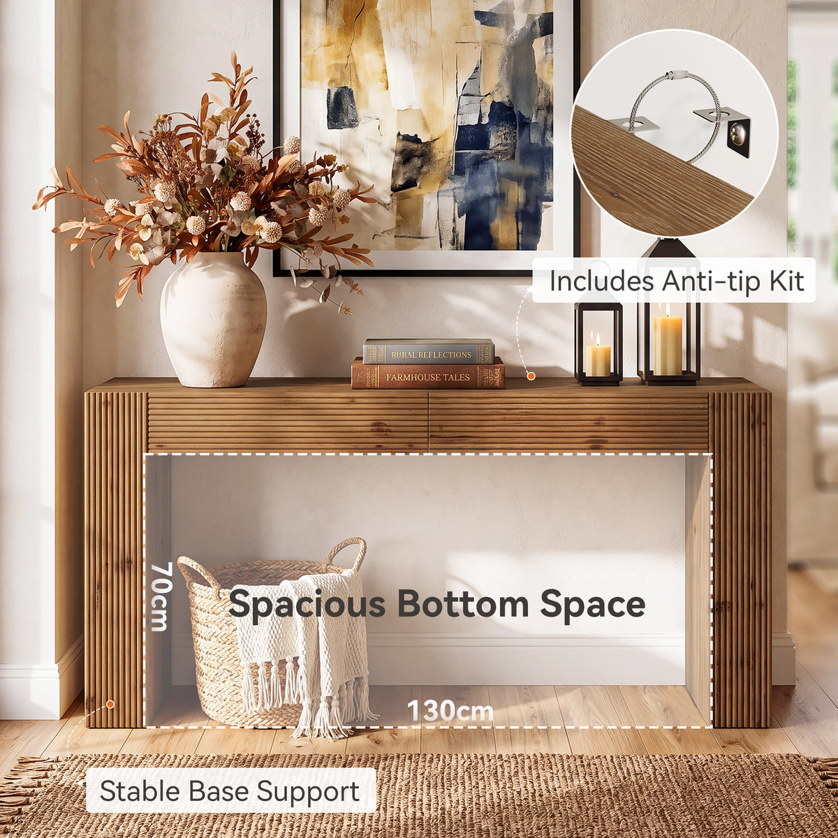 Consolle Country in Legno Massello con 2 Cassetti e Scanalature, 160 cm, per Ingresso