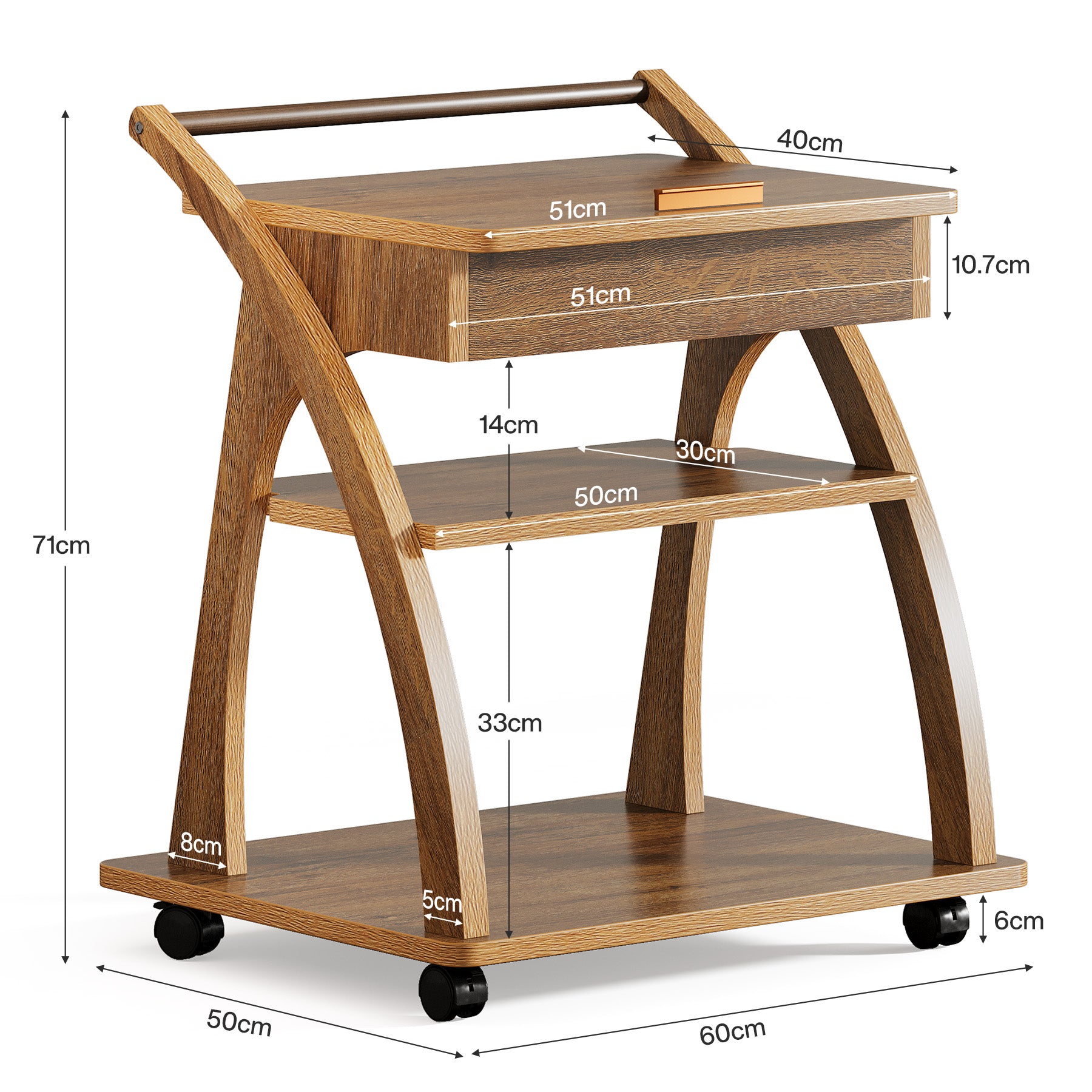 Tribesigns 60 cm Tavolino, Tavolino regolabile con ruote a 3 piani per soggiorno